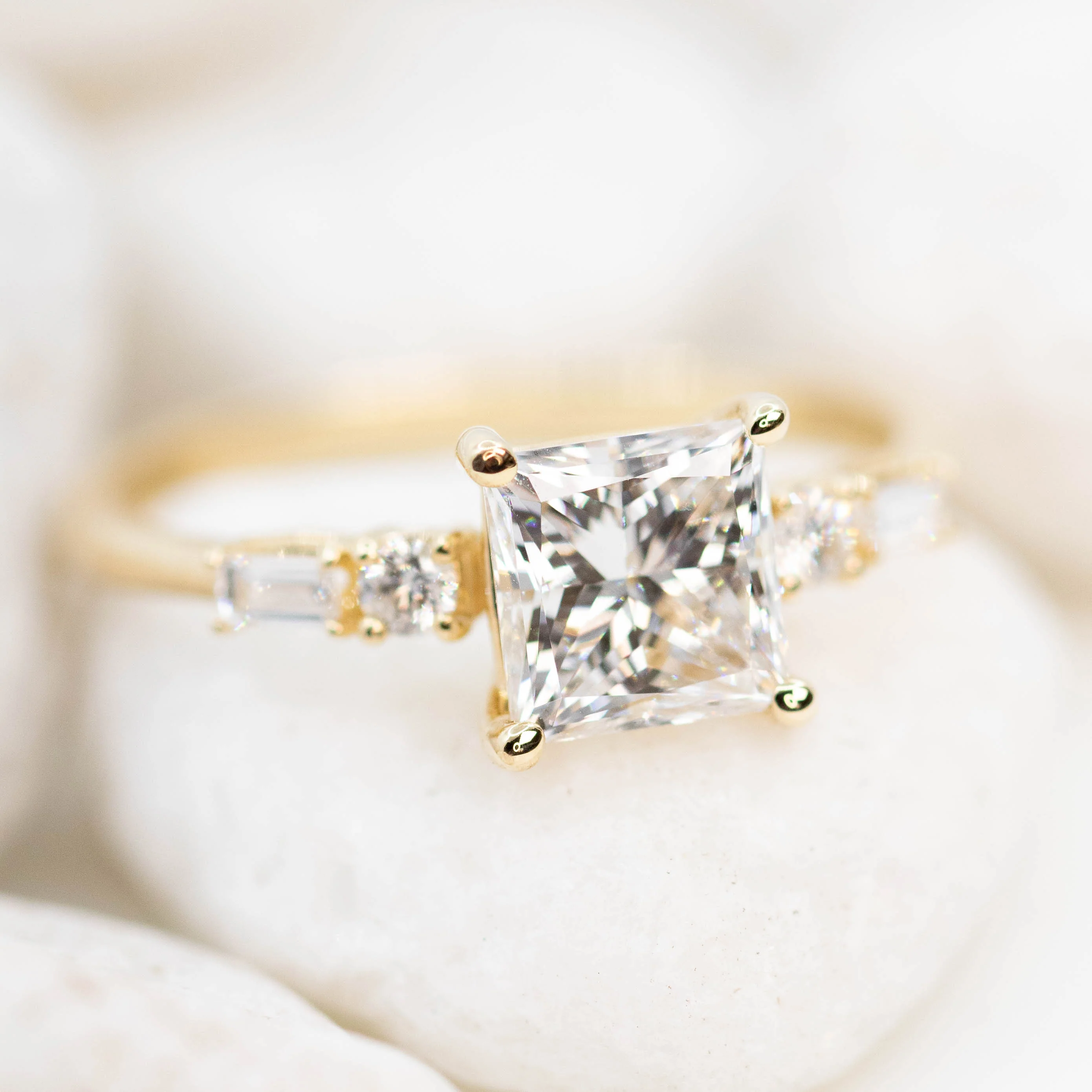 River Ring with a 1.69 Carat Princess Cut Lab Grown Diamond and White Accent Diamonds in 14k Yellow Gold - Ready to Size and Ship - Image 9