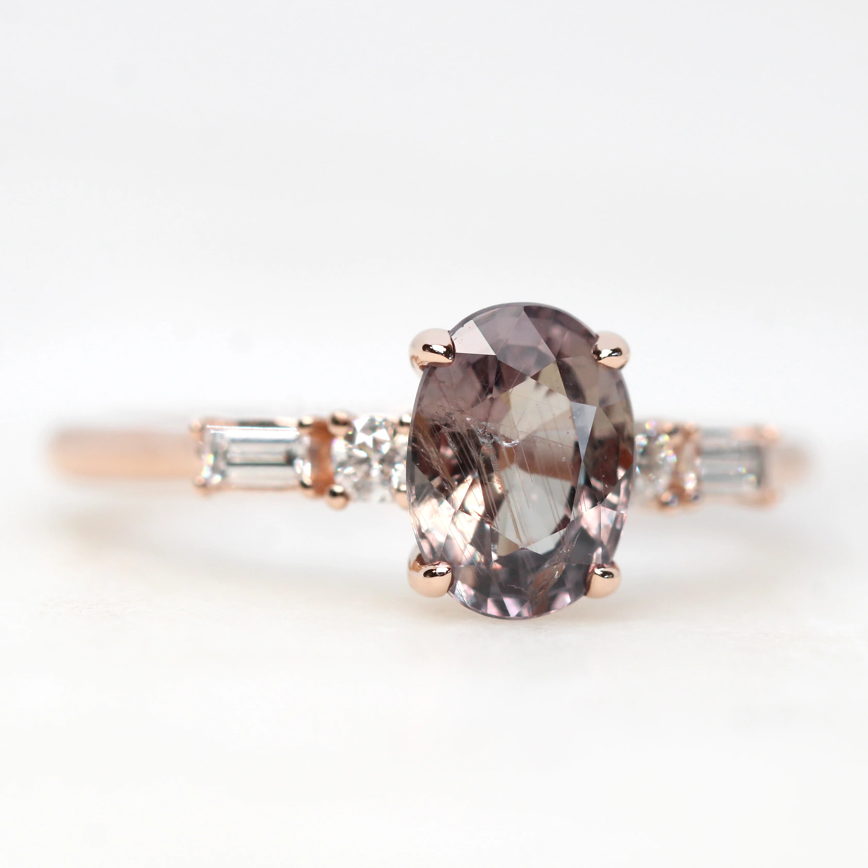 River Ring with a 1.74 Carat Oval Blush Pink Sapphire and White Accents Diamonds in 14k Rose Gold - Ready to Size and Ship - Image 4