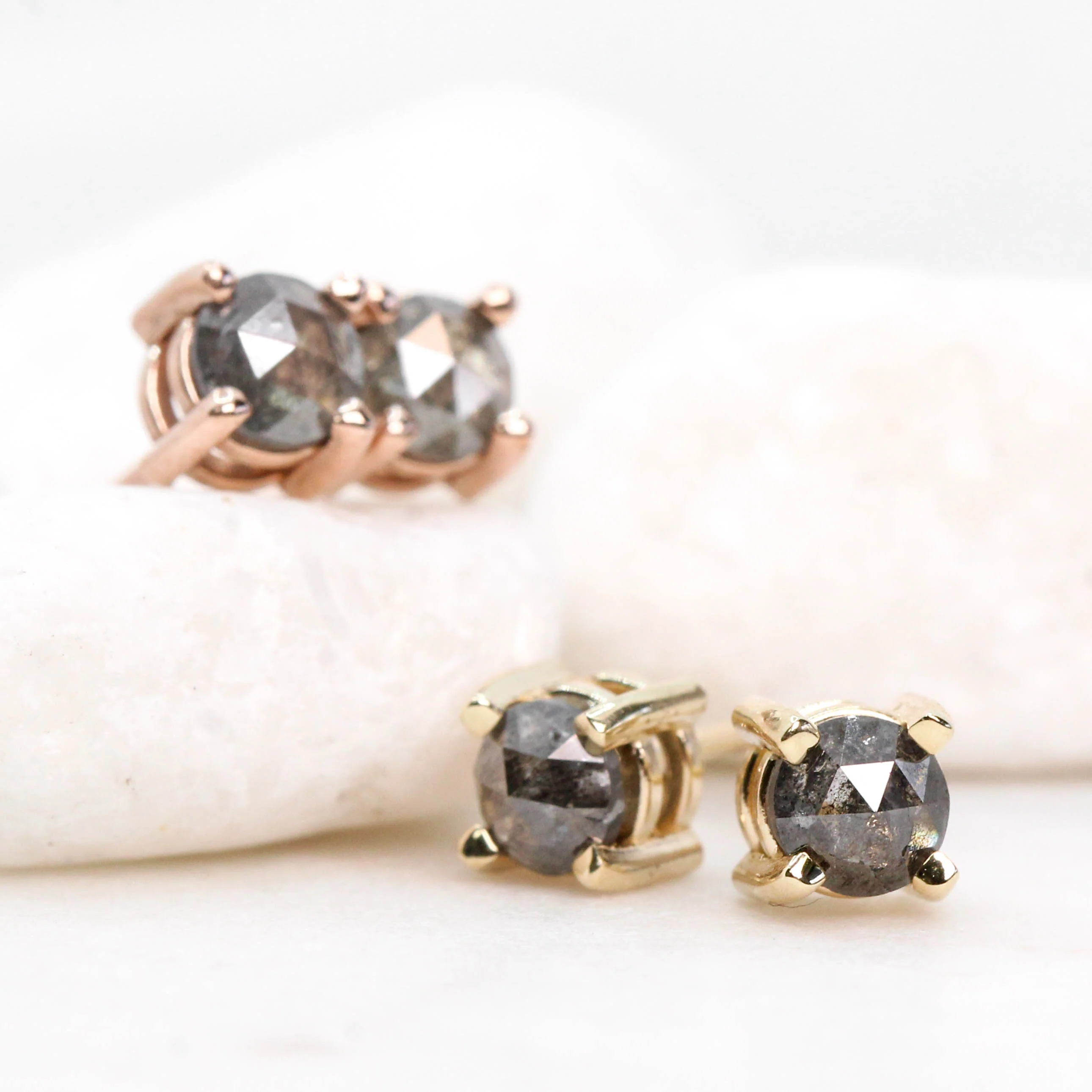 Rose Cut Gray Salt and Pepper Diamond Stud Earrings in 14k Yellow Gold - Ready to Ship - Image 5