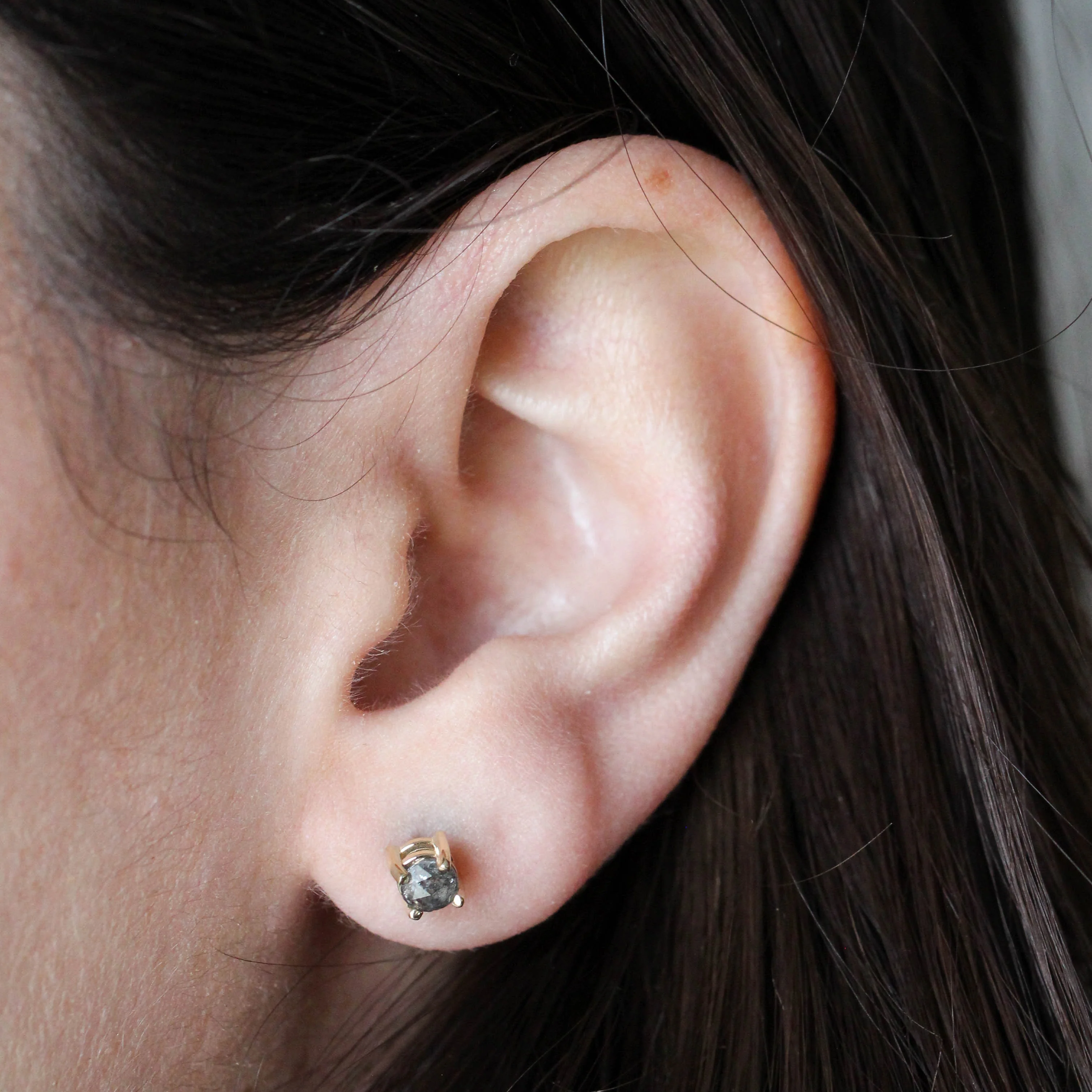 Rose Cut Gray Salt and Pepper Diamond Stud Earrings in 14k Yellow Gold - Ready to Ship - Image 7