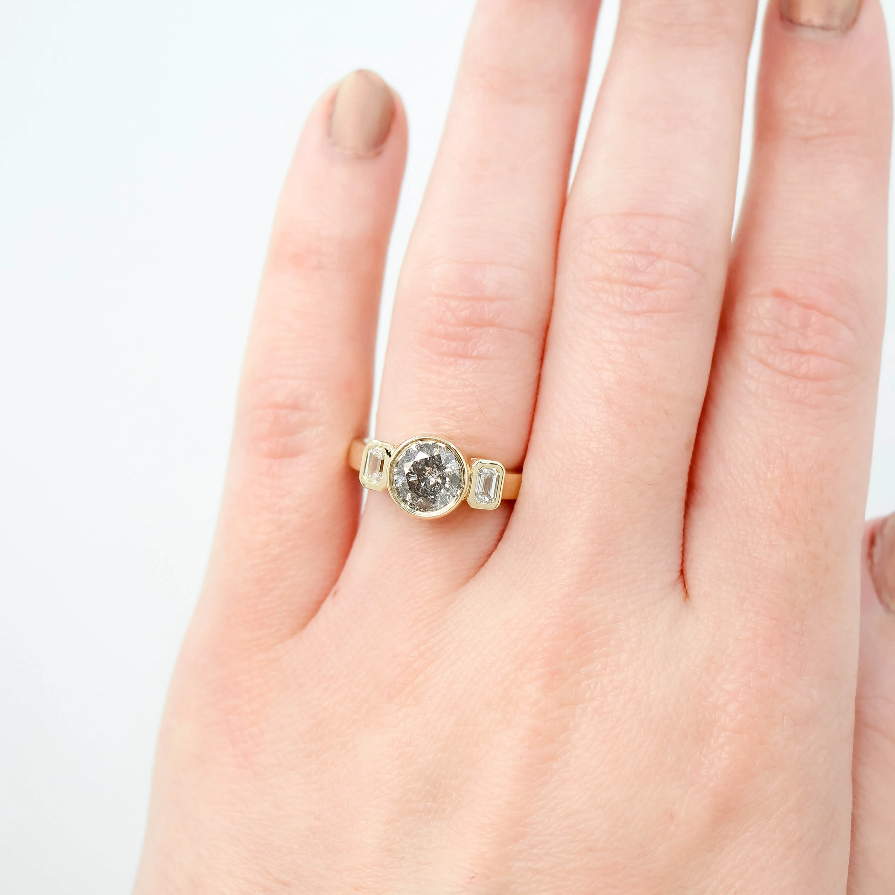 Ruta Ring with a 1.32 Carat Round Gray Salt and Pepper Diamond and Lab Grown Emerald Cut Accent Diamonds in 14k Yellow Gold - Ready to Size and Ship - Image 2