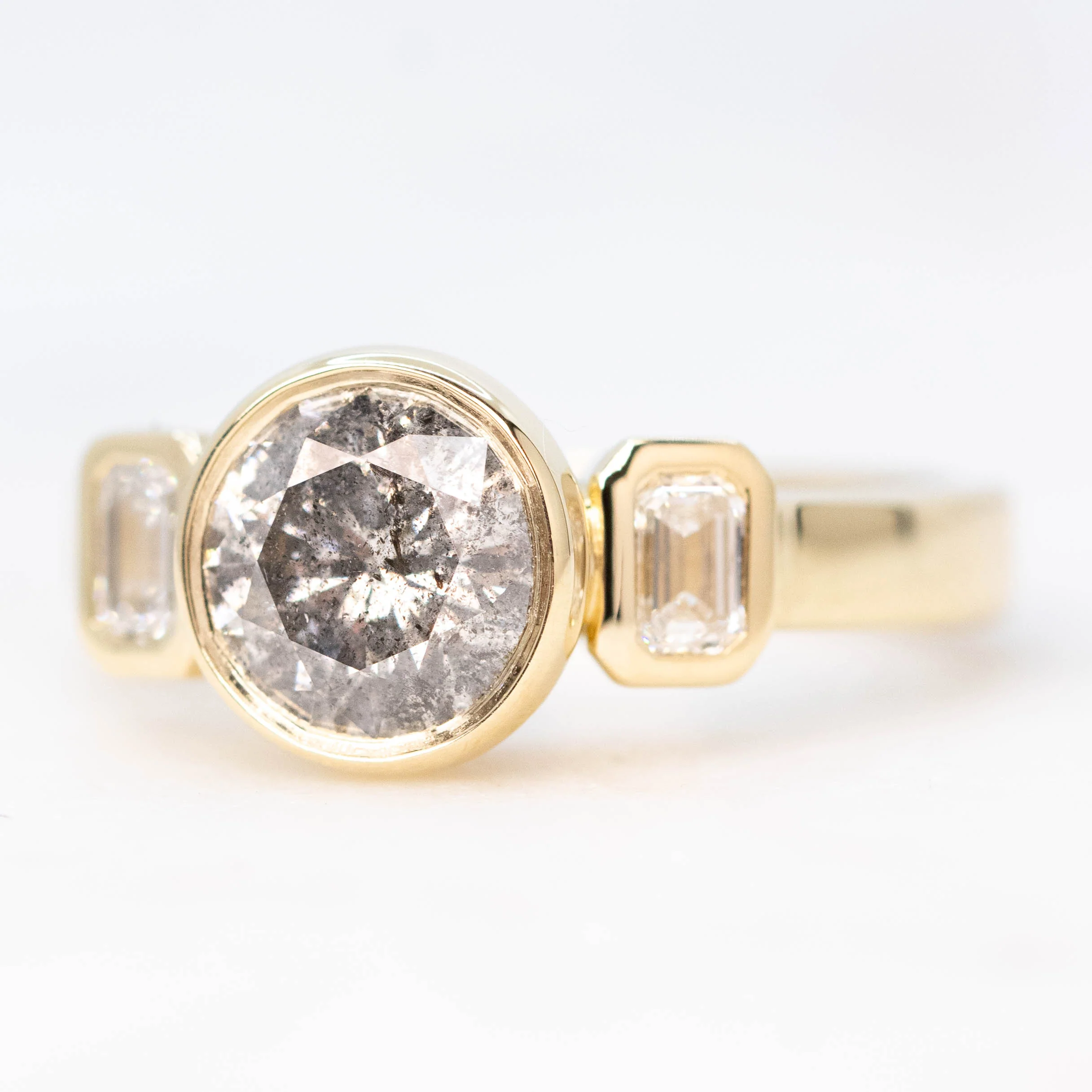 Ruta Ring with a 1.32 Carat Round Gray Salt and Pepper Diamond and Lab Grown Emerald Cut Accent Diamonds in 14k Yellow Gold - Ready to Size and Ship - Image 3