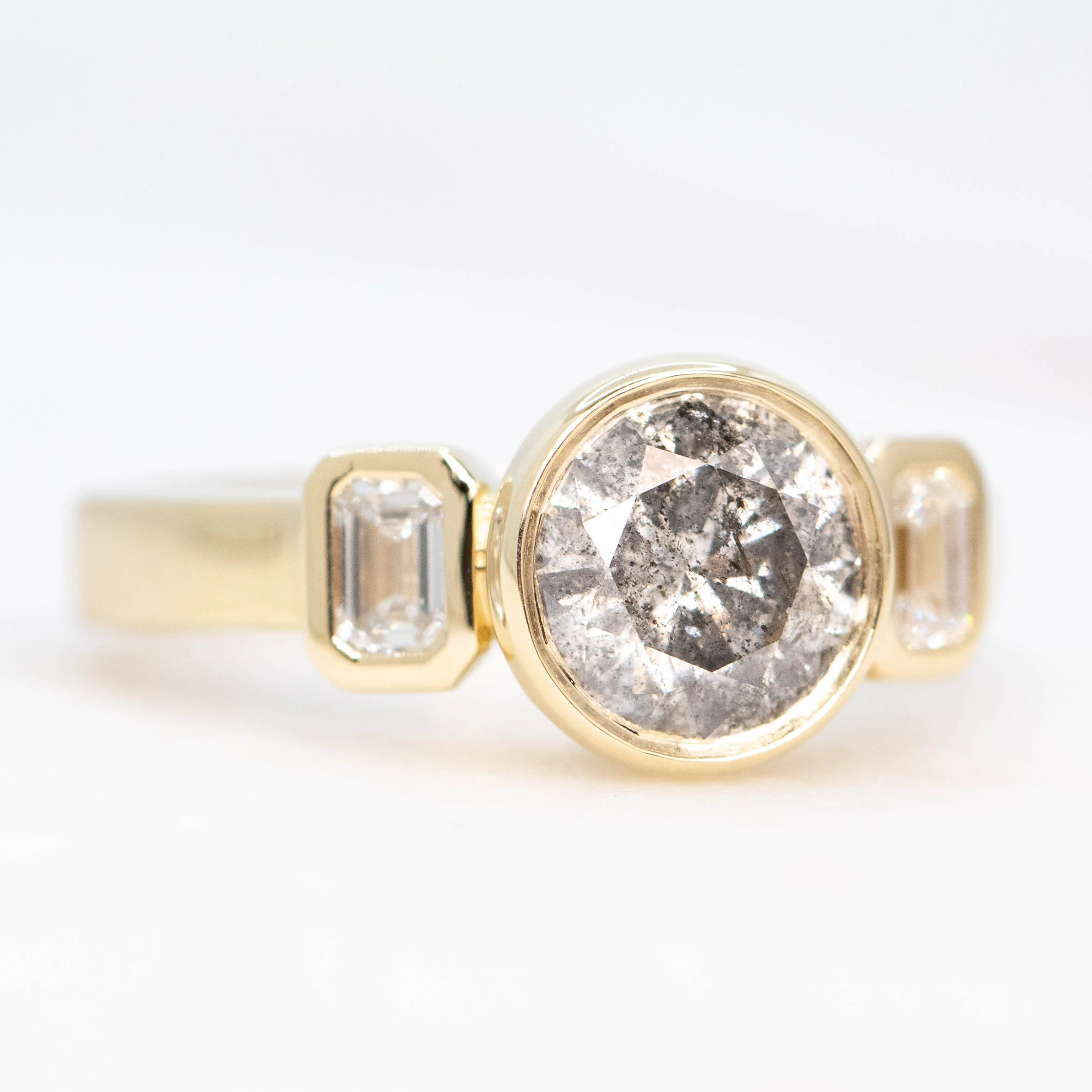 Ruta Ring with a 1.32 Carat Round Gray Salt and Pepper Diamond and Lab Grown Emerald Cut Accent Diamonds in 14k Yellow Gold - Ready to Size and Ship - Image 4