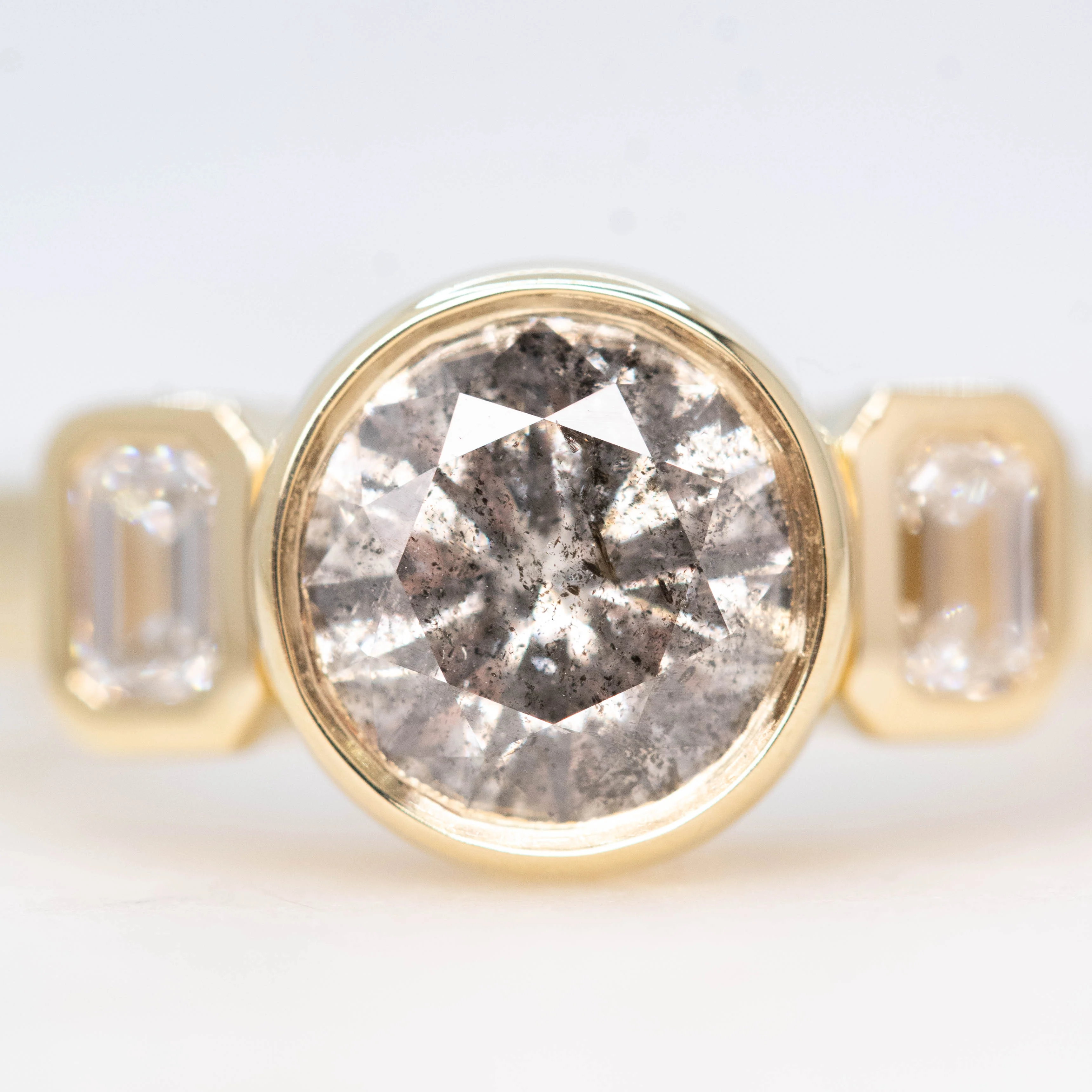 Ruta Ring with a 1.32 Carat Round Gray Salt and Pepper Diamond and Lab Grown Emerald Cut Accent Diamonds in 14k Yellow Gold - Ready to Size and Ship - Image 7