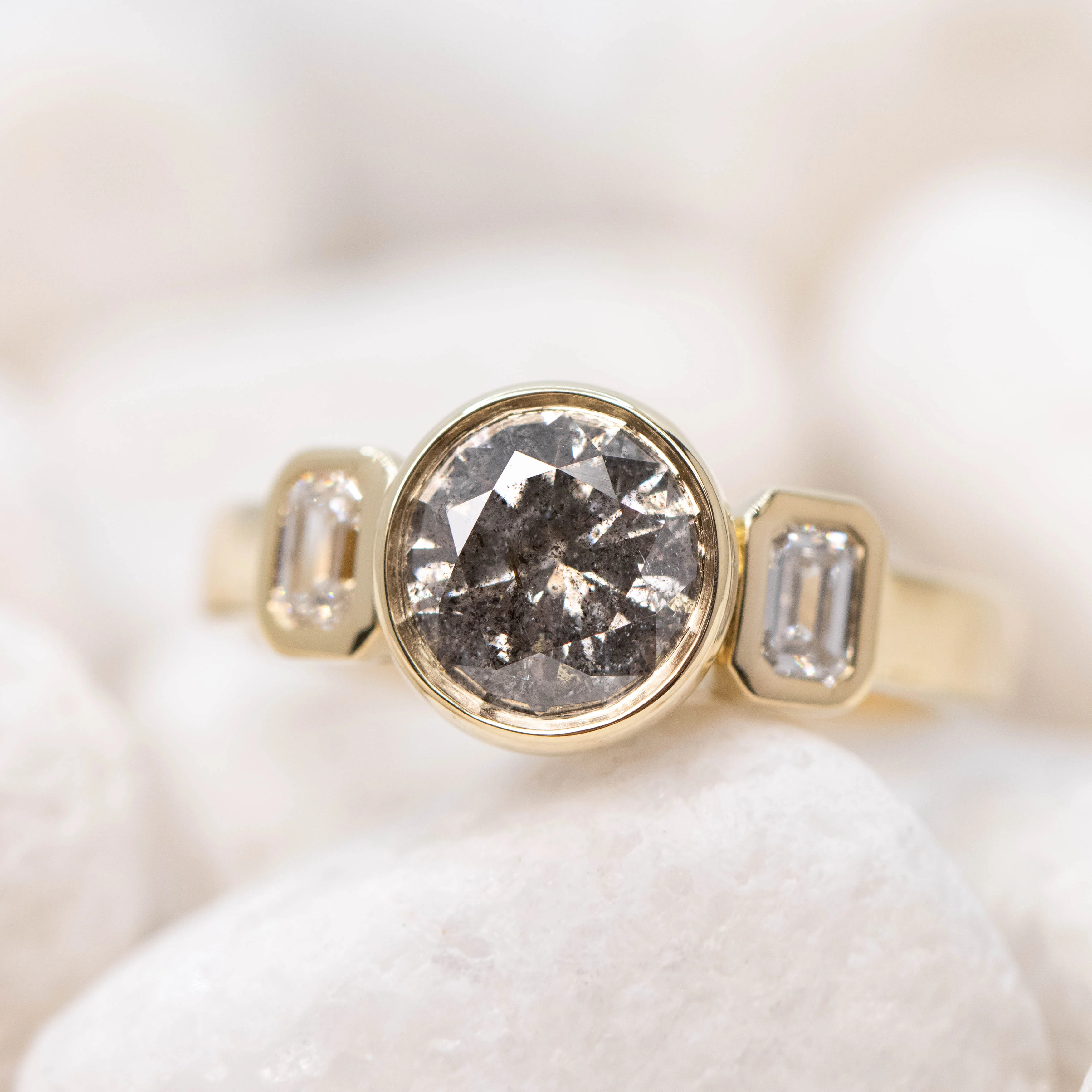 Ruta Ring with a 1.32 Carat Round Gray Salt and Pepper Diamond and Lab Grown Emerald Cut Accent Diamonds in 14k Yellow Gold - Ready to Size and Ship - Image 8