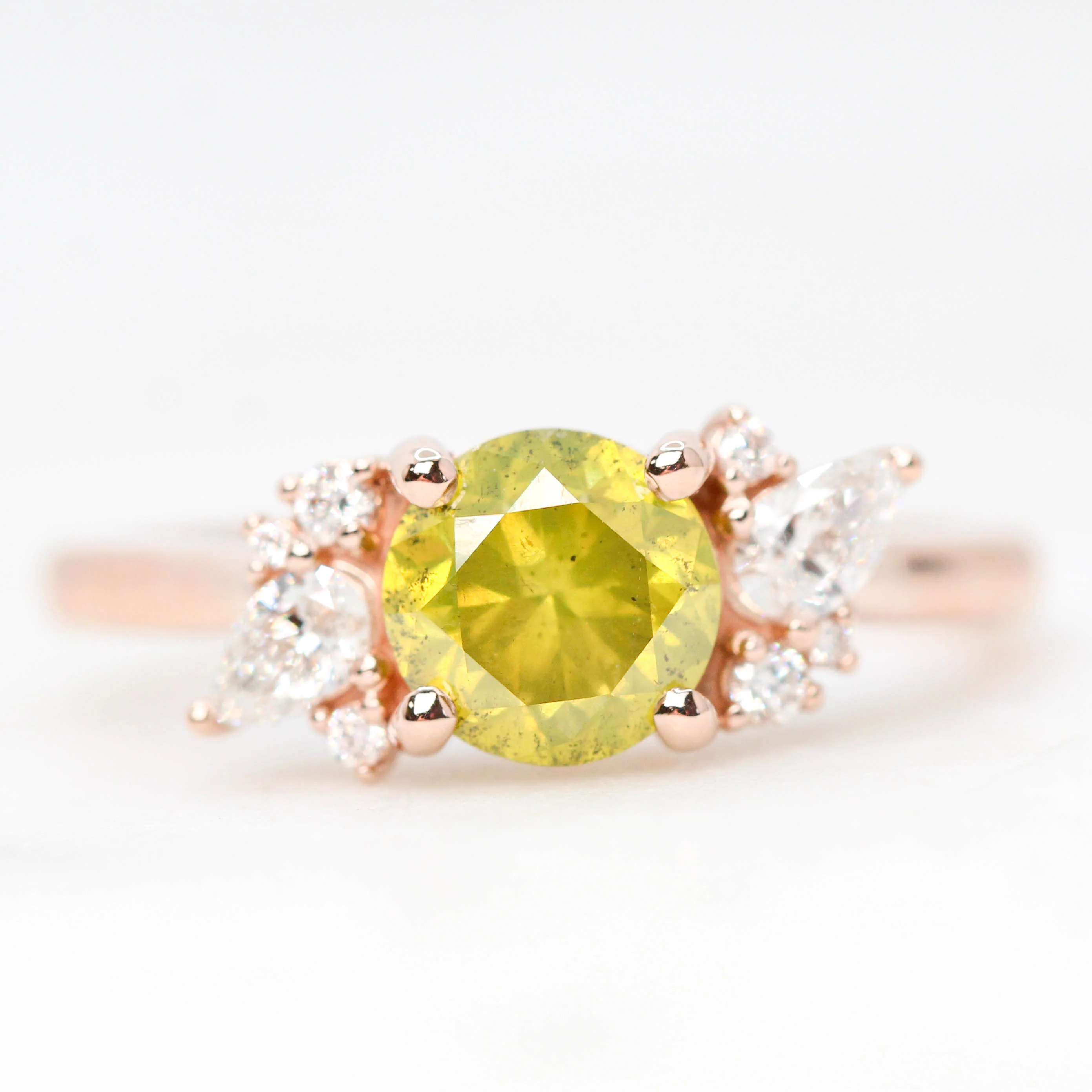 Sable Ring with a 1.38 Carat Yellow-Green Round Diamond and White Accent Diamonds in 14k Rose Gold - Ready to Size and Ship