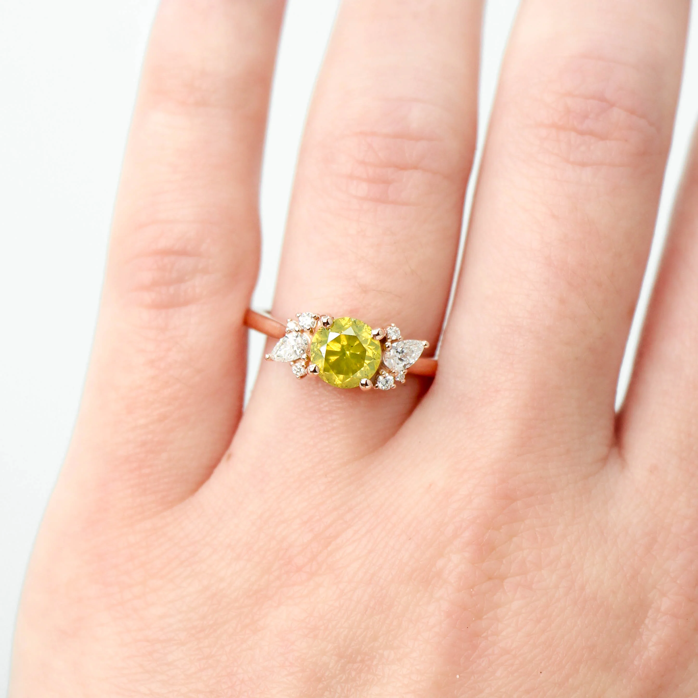 Sable Ring with a 1.38 Carat Yellow-Green Round Diamond and White Accent Diamonds in 14k Rose Gold - Ready to Size and Ship - Image 2