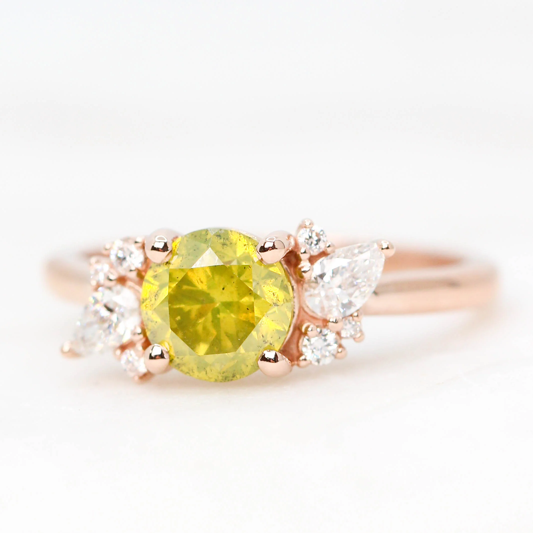 Sable Ring with a 1.38 Carat Yellow-Green Round Diamond and White Accent Diamonds in 14k Rose Gold - Ready to Size and Ship - Image 3