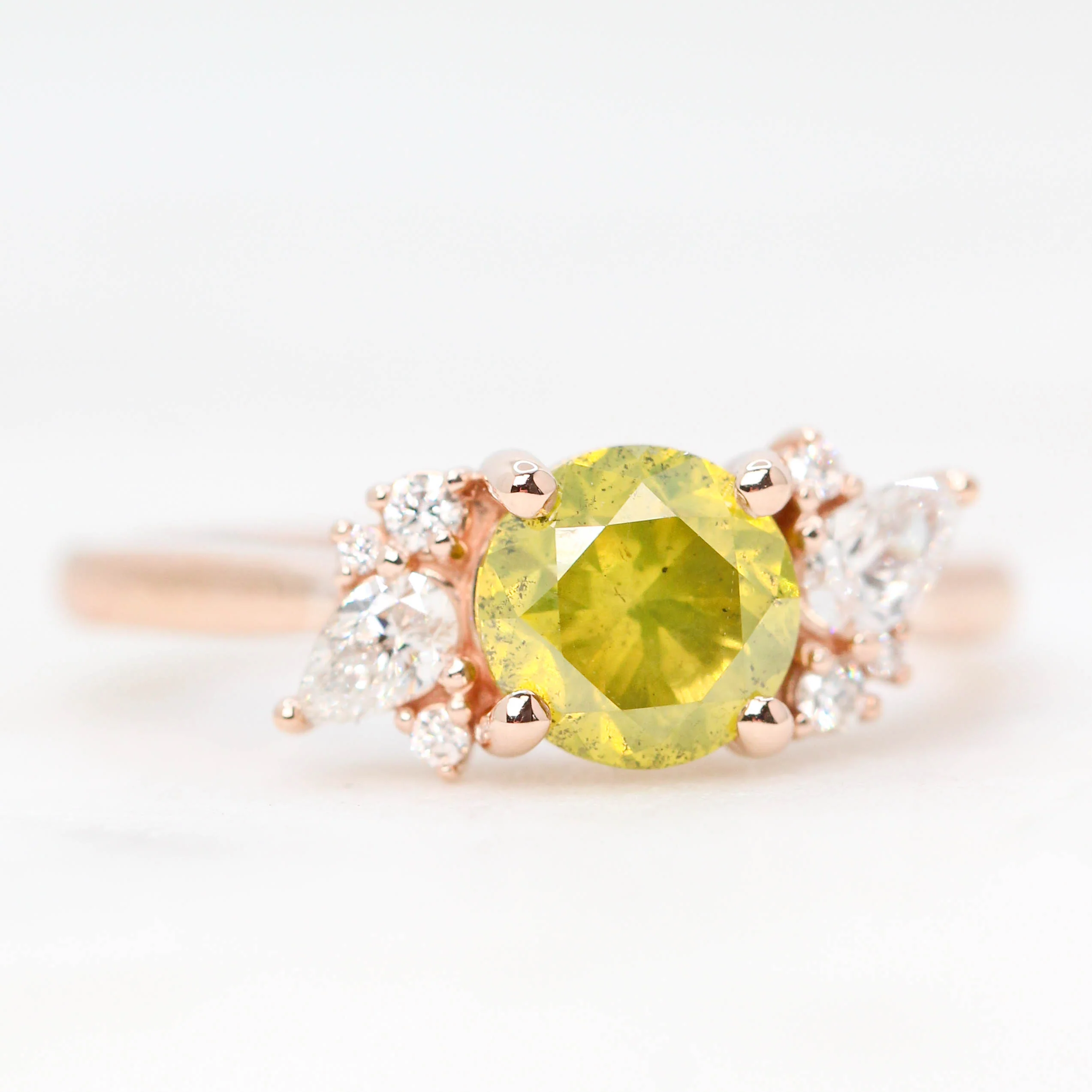 Sable Ring with a 1.38 Carat Yellow-Green Round Diamond and White Accent Diamonds in 14k Rose Gold - Ready to Size and Ship - Image 4