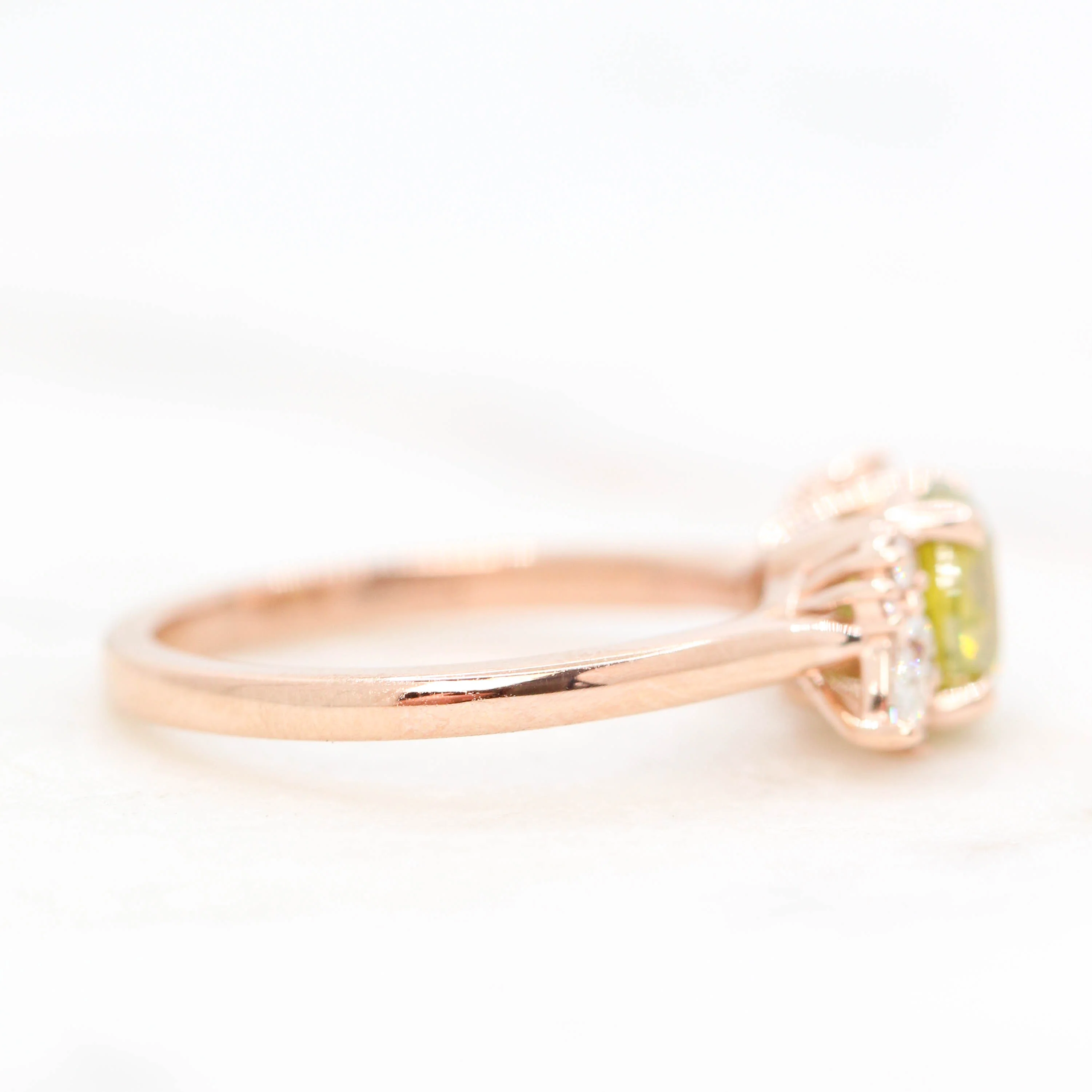 Sable Ring with a 1.38 Carat Yellow-Green Round Diamond and White Accent Diamonds in 14k Rose Gold - Ready to Size and Ship - Image 5