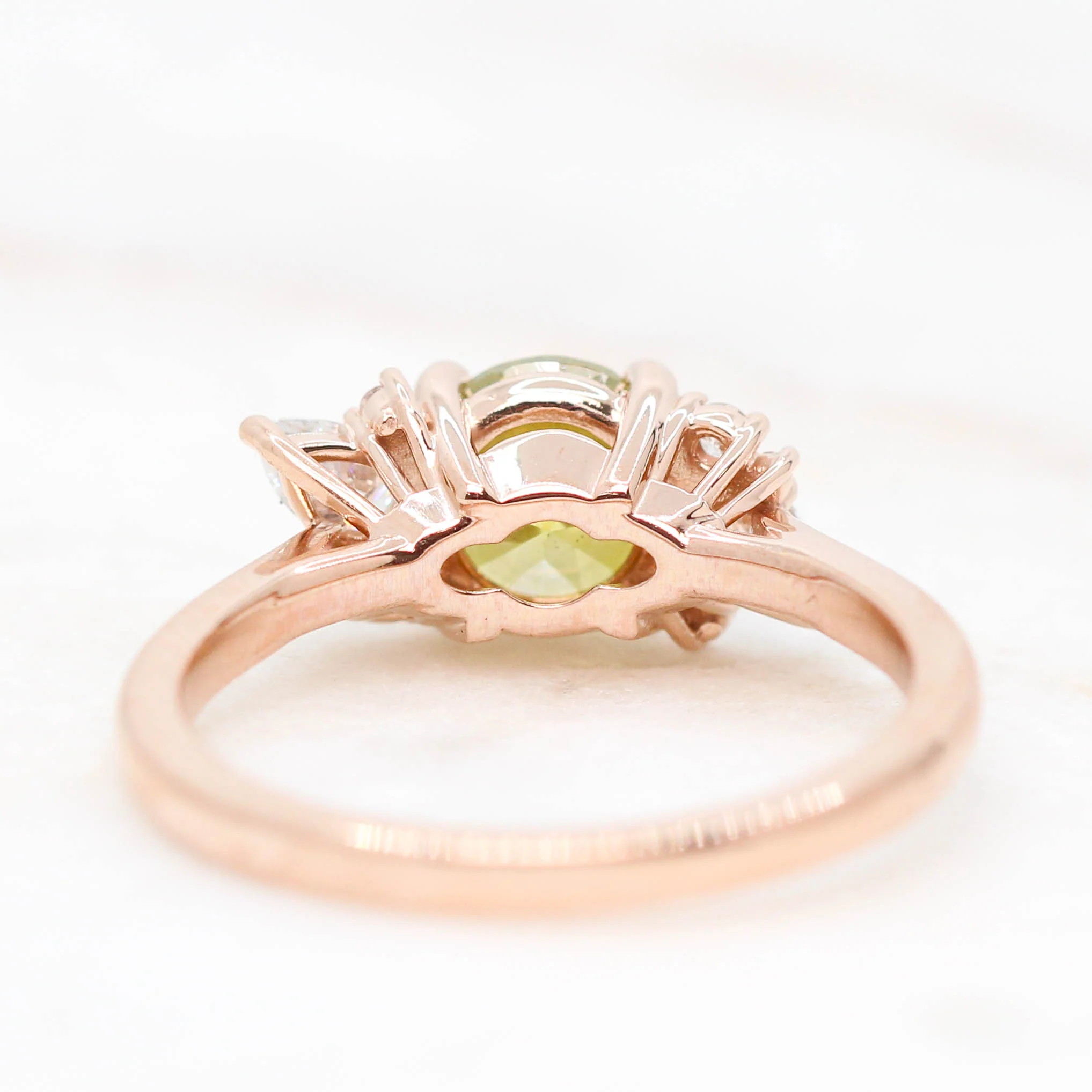 Sable Ring with a 1.38 Carat Yellow-Green Round Diamond and White Accent Diamonds in 14k Rose Gold - Ready to Size and Ship - Image 6