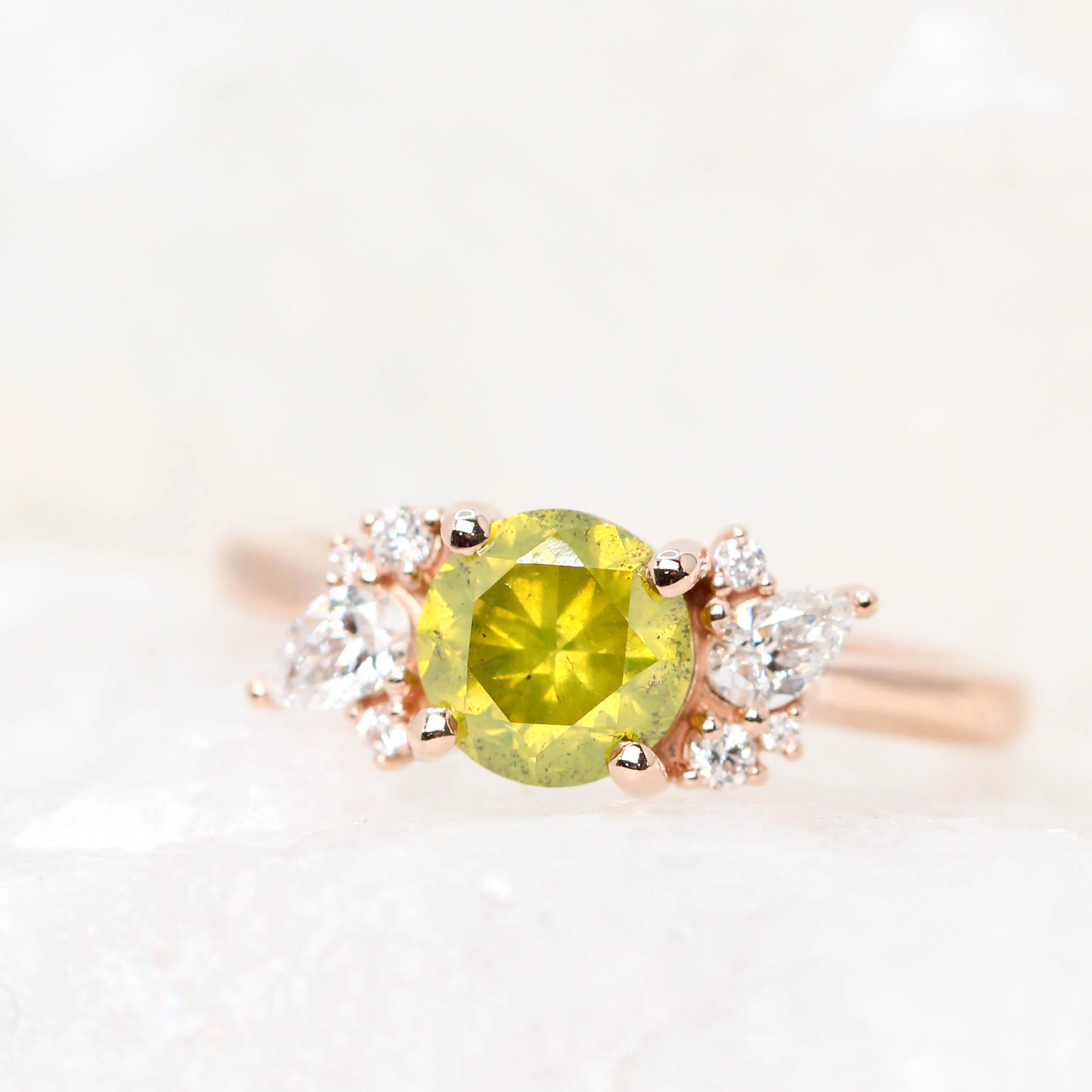 Sable Ring with a 1.38 Carat Yellow-Green Round Diamond and White Accent Diamonds in 14k Rose Gold - Ready to Size and Ship - Image 7