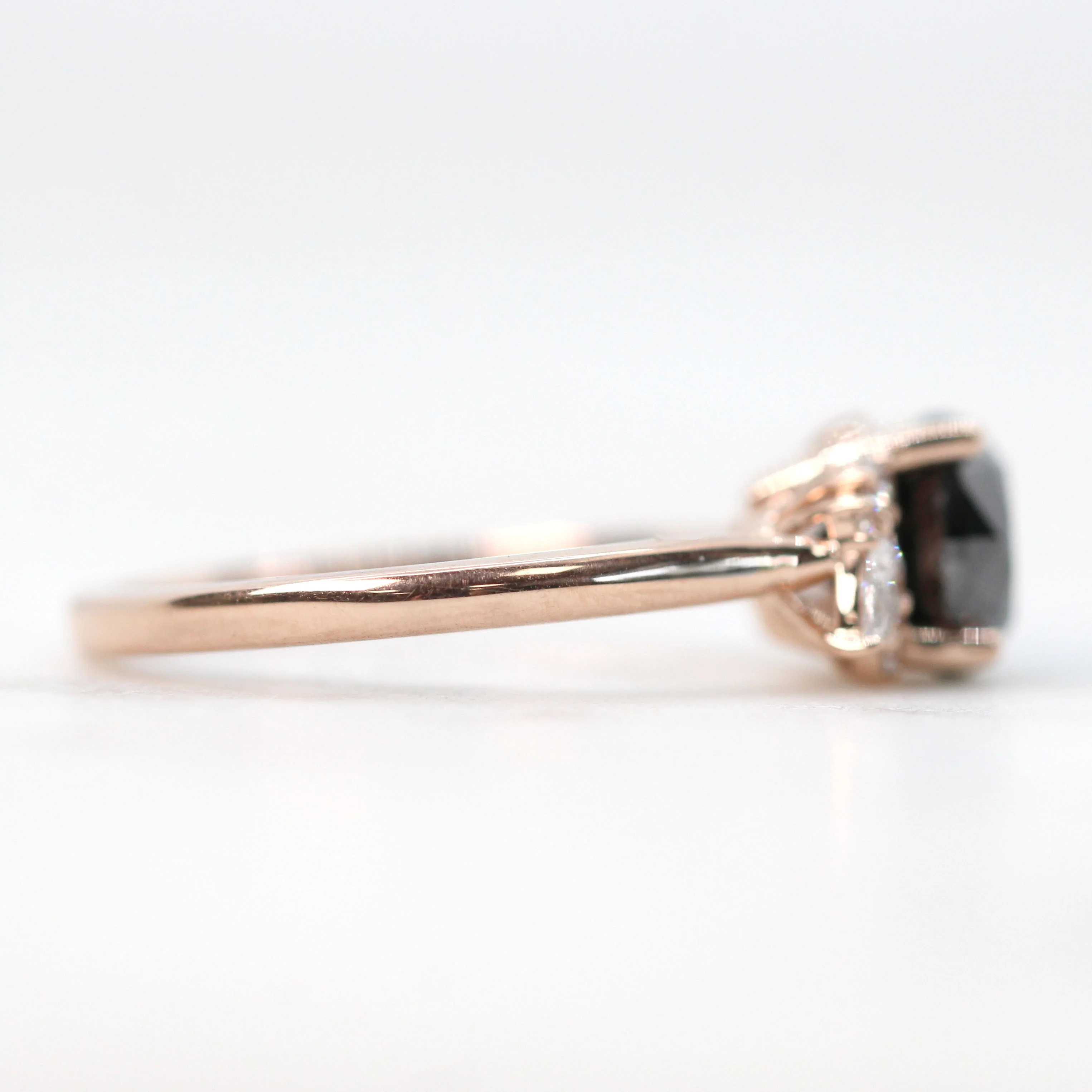 Sable Ring with a 2.20 Carat Round Black Salt and Pepper Diamond and White Accent Diamonds in 14k Rose Gold - Ready to Size and Ship - Image 5