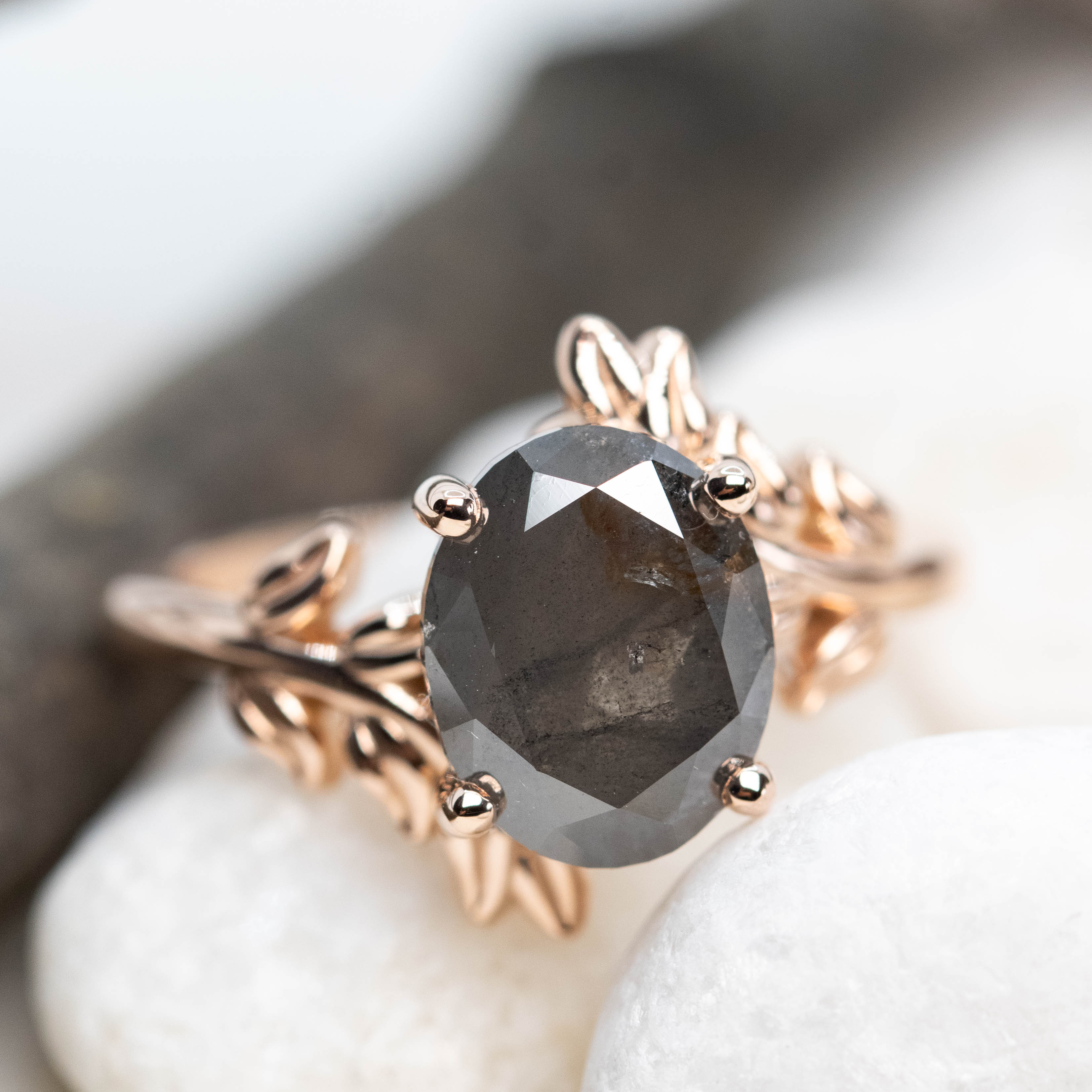 Sara Ring with a 3.21 Carat Charcoal Oval Diamond in 14k Rose Gold - Ready To Size and Ship - Image 8