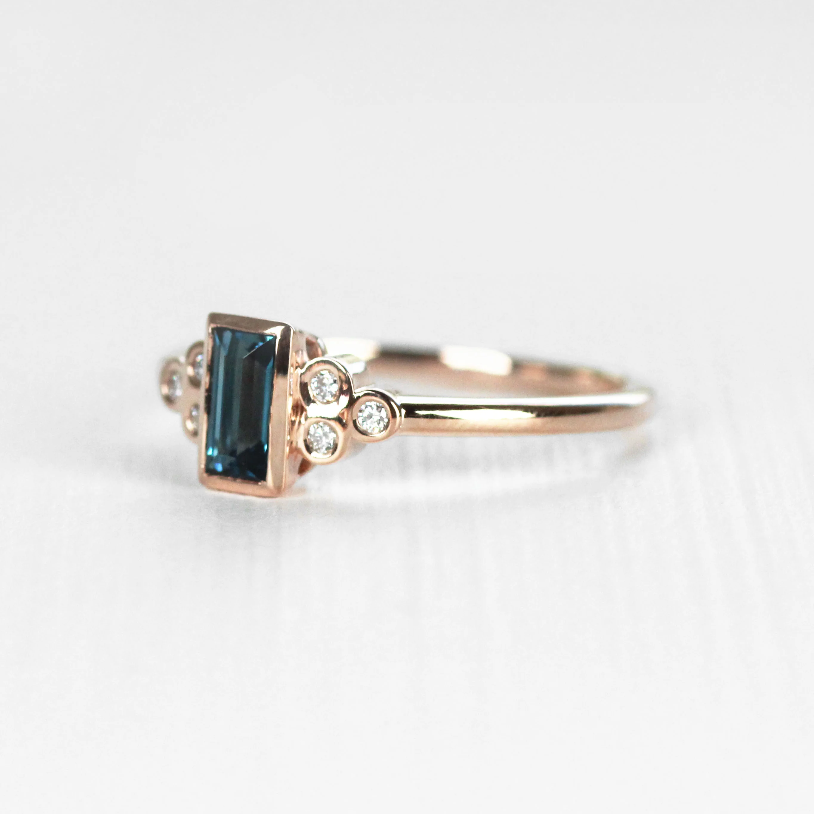 Sophia Ring with a London Blue Topaz Baguette and White Accent Diamonds - Made to Order - Image 6