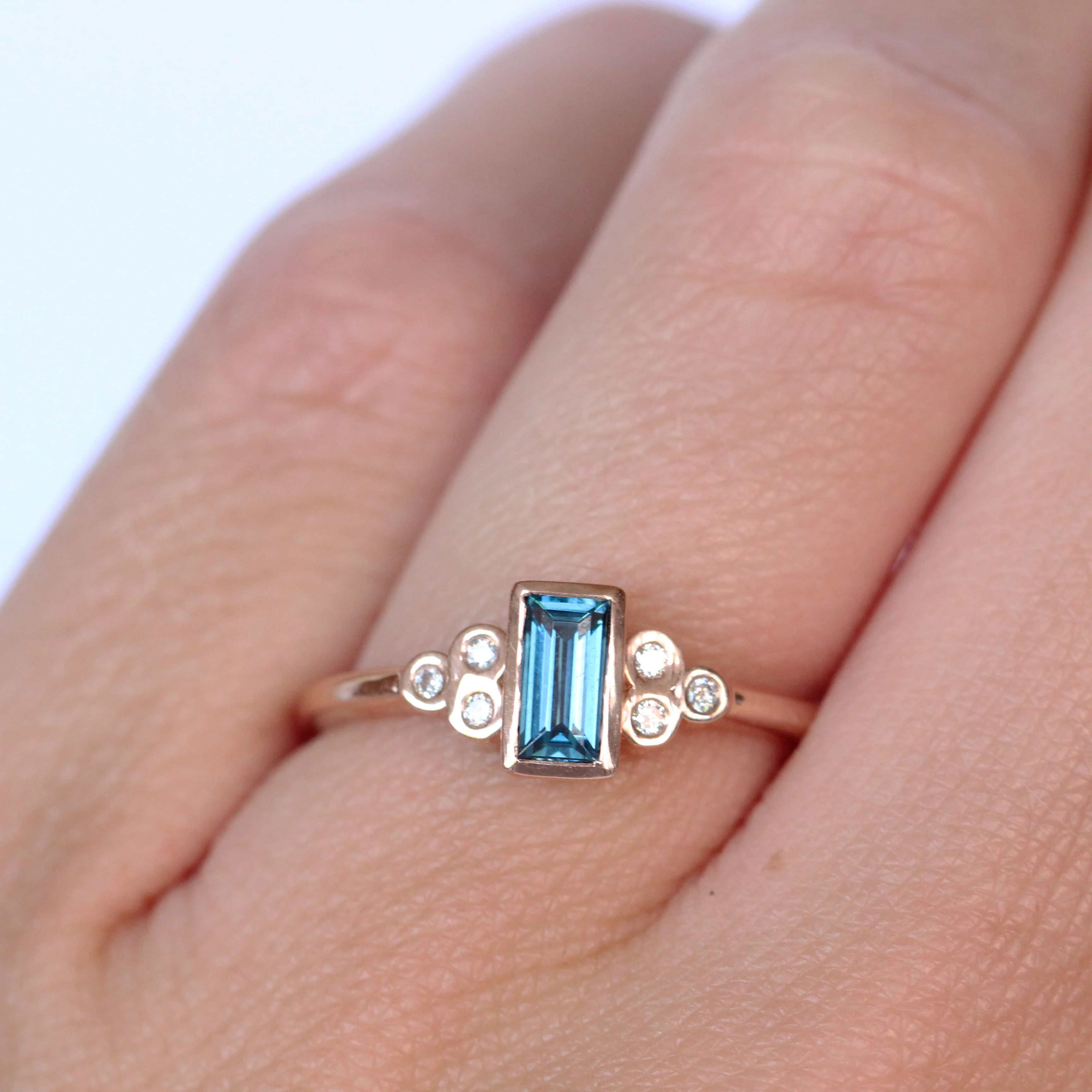 Sophia Ring with a London Blue Topaz Baguette and White Accent Diamonds - Made to Order - Image 9