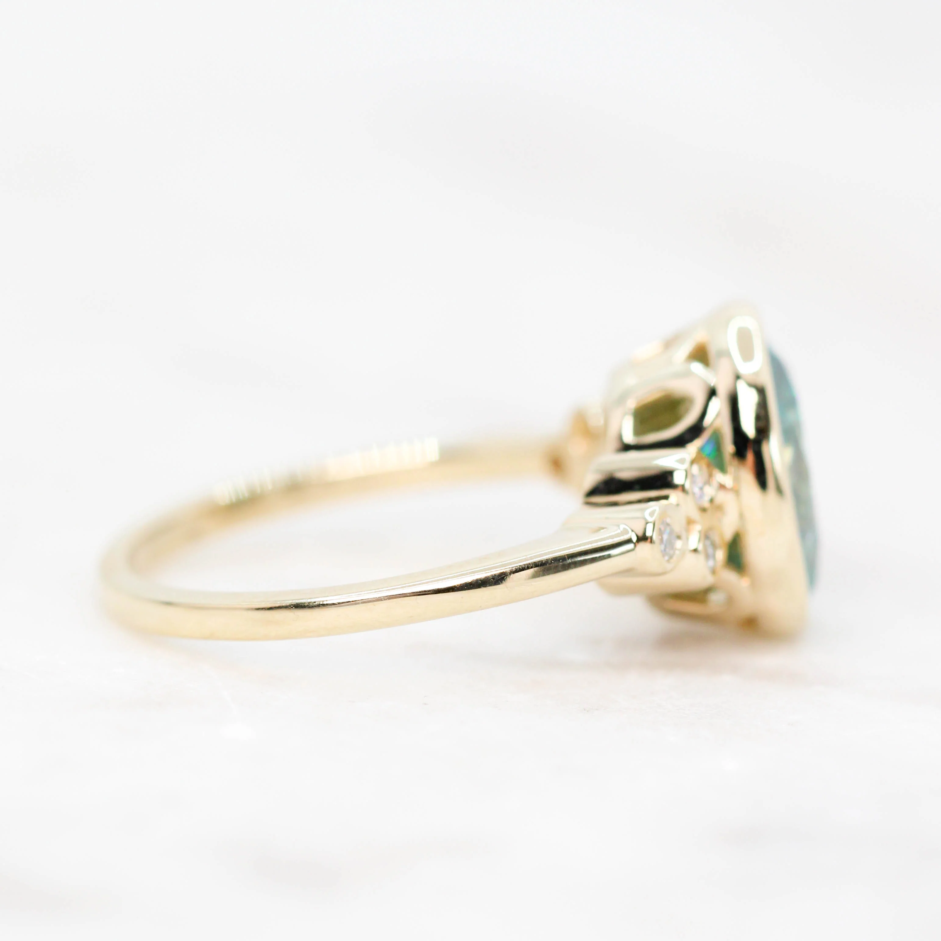 Project: Custom Sophia Ring with a 2.5 Carat Bezel Set Teal Oval Moissanite and Accent Diamonds in 14k - Image 6