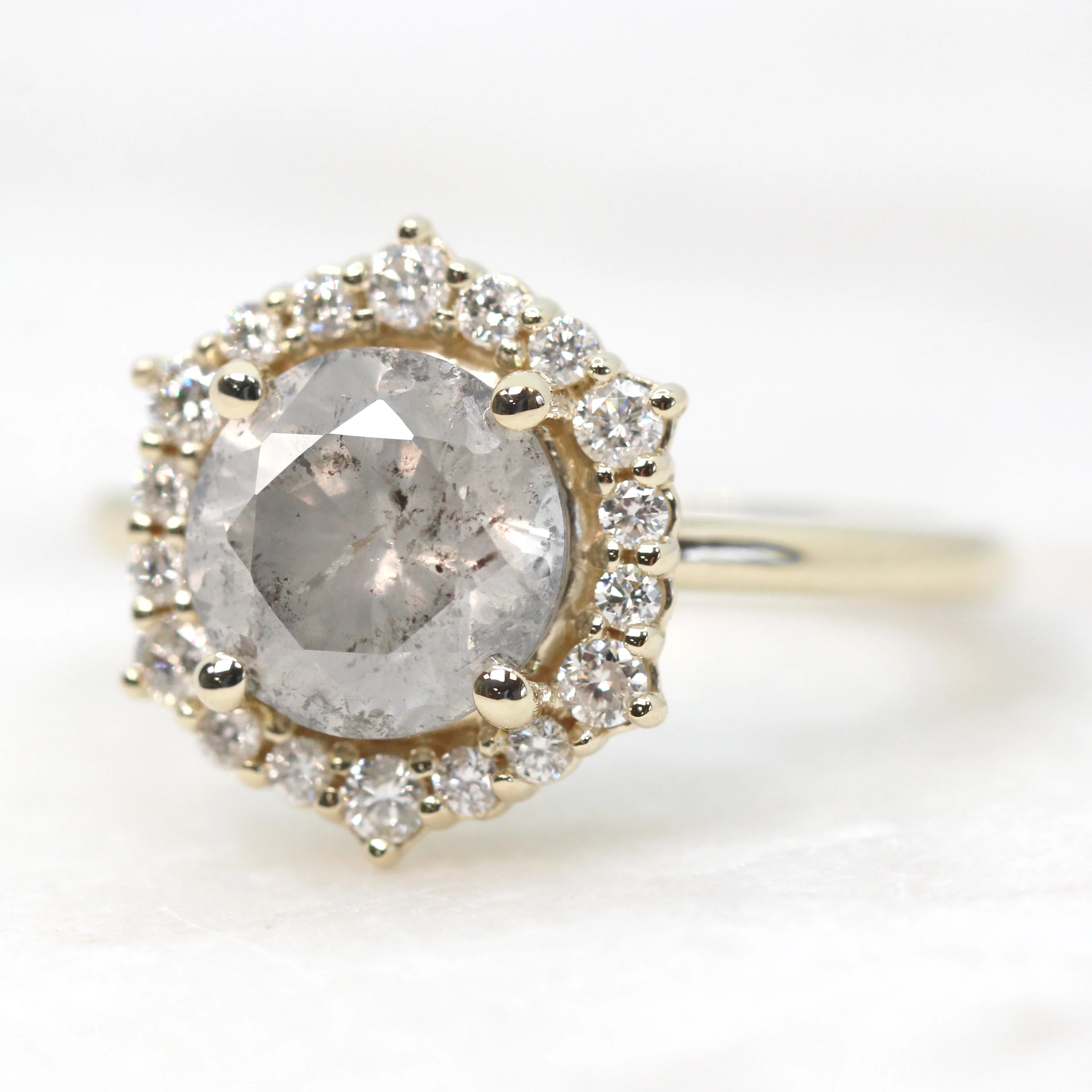 Stella Ring with a 2.44 Carat Round Light Gray Salt and Pepper Diamond and White Accent Diamonds in 10k Yellow Gold - Ready to Size and Ship - Image 3