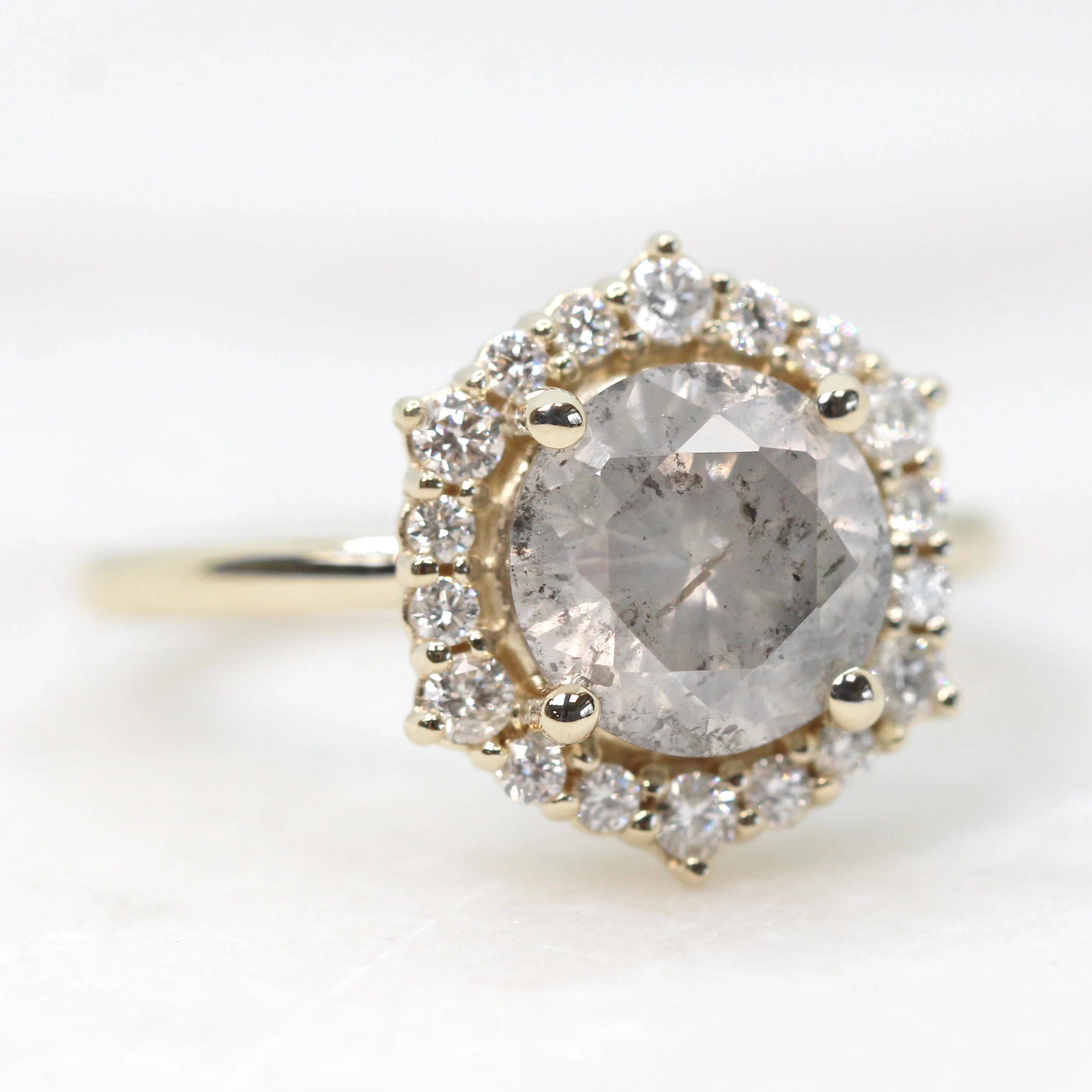 Stella Ring with a 2.44 Carat Round Light Gray Salt and Pepper Diamond and White Accent Diamonds in 10k Yellow Gold - Ready to Size and Ship - Image 4