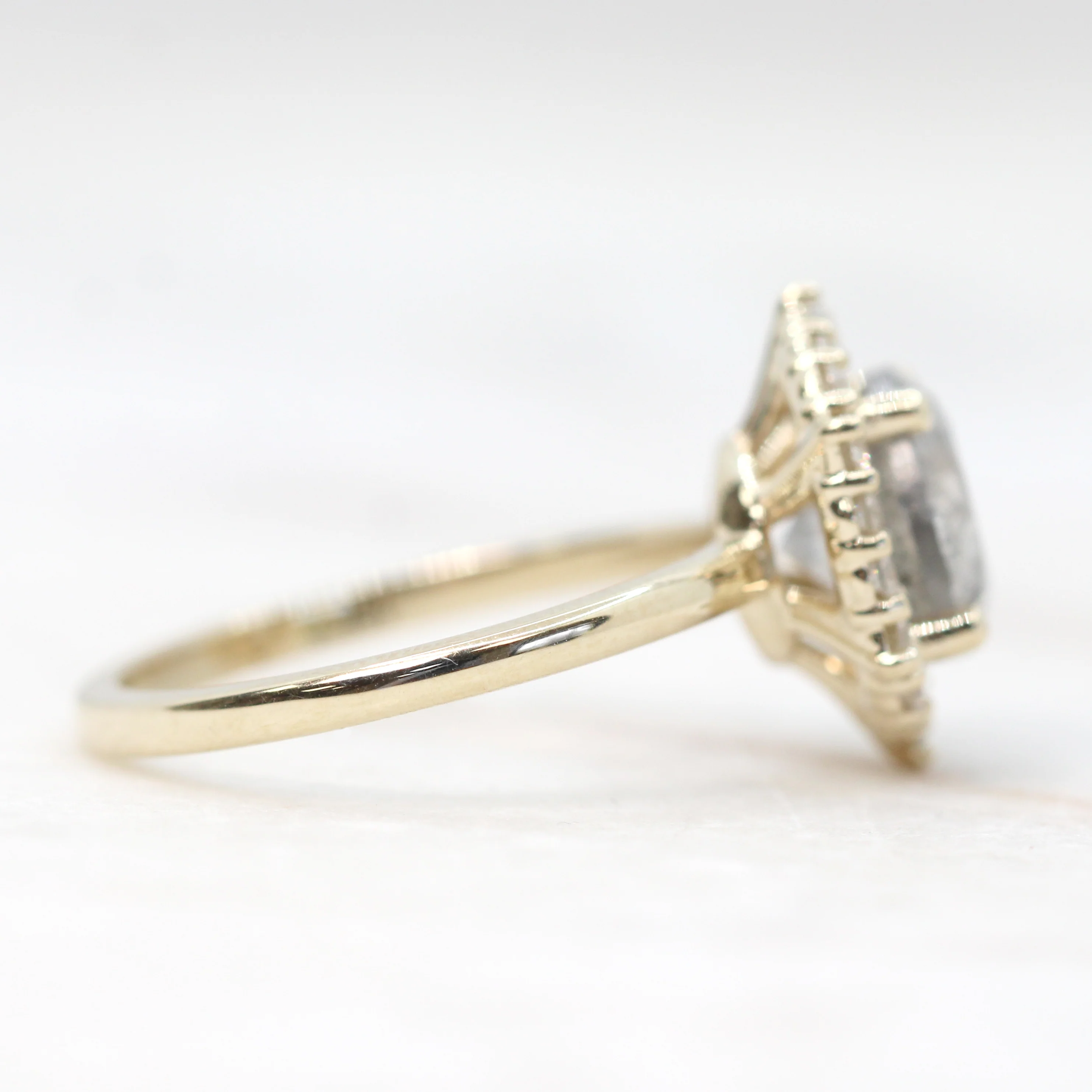 Stella Ring with a 2.44 Carat Round Light Gray Salt and Pepper Diamond and White Accent Diamonds in 10k Yellow Gold - Ready to Size and Ship - Image 5