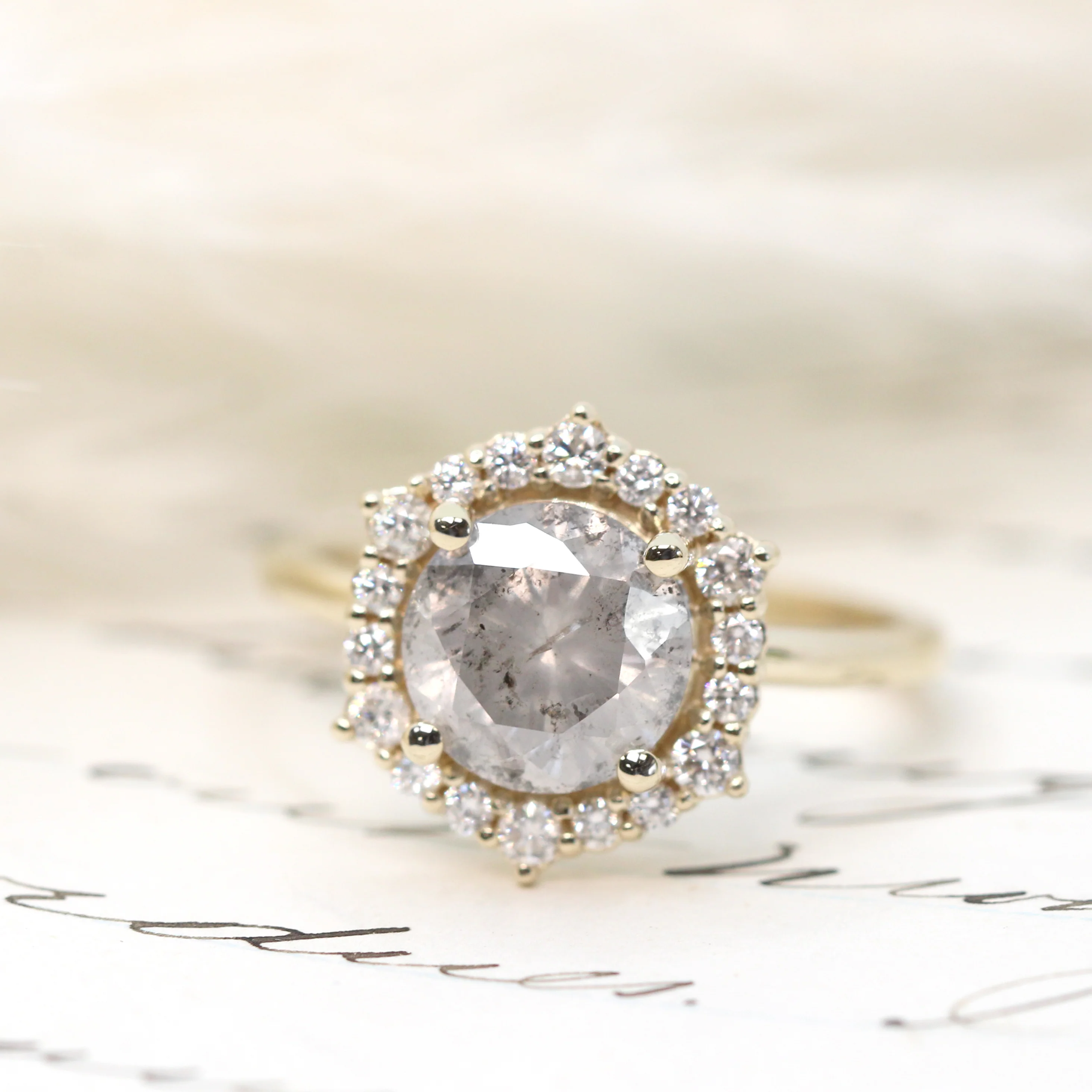 Stella Ring with a 2.44 Carat Round Light Gray Salt and Pepper Diamond and White Accent Diamonds in 10k Yellow Gold - Ready to Size and Ship - Image 7