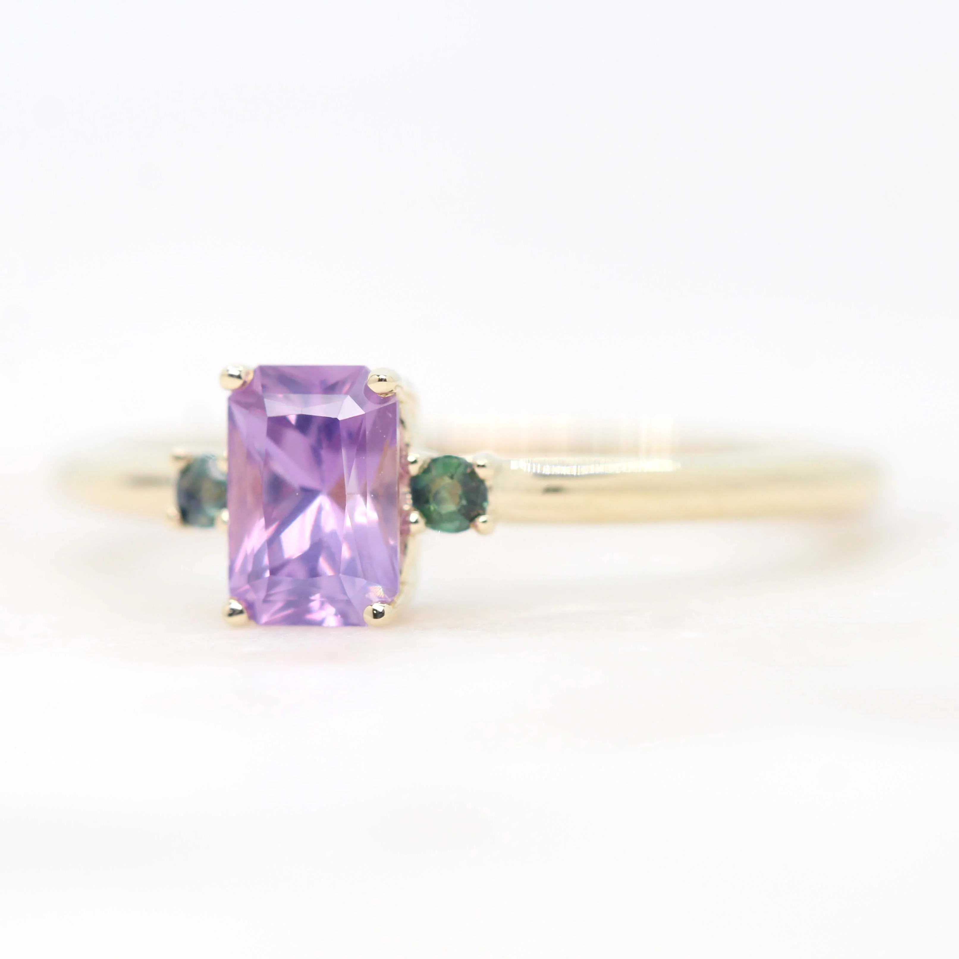 Terra Ring with a 0.81 Carat Radiant Cut Purple Sapphire and Teal Sapphire Accents in 14k Yellow Gold - Ready to Size and Ship - Image 3