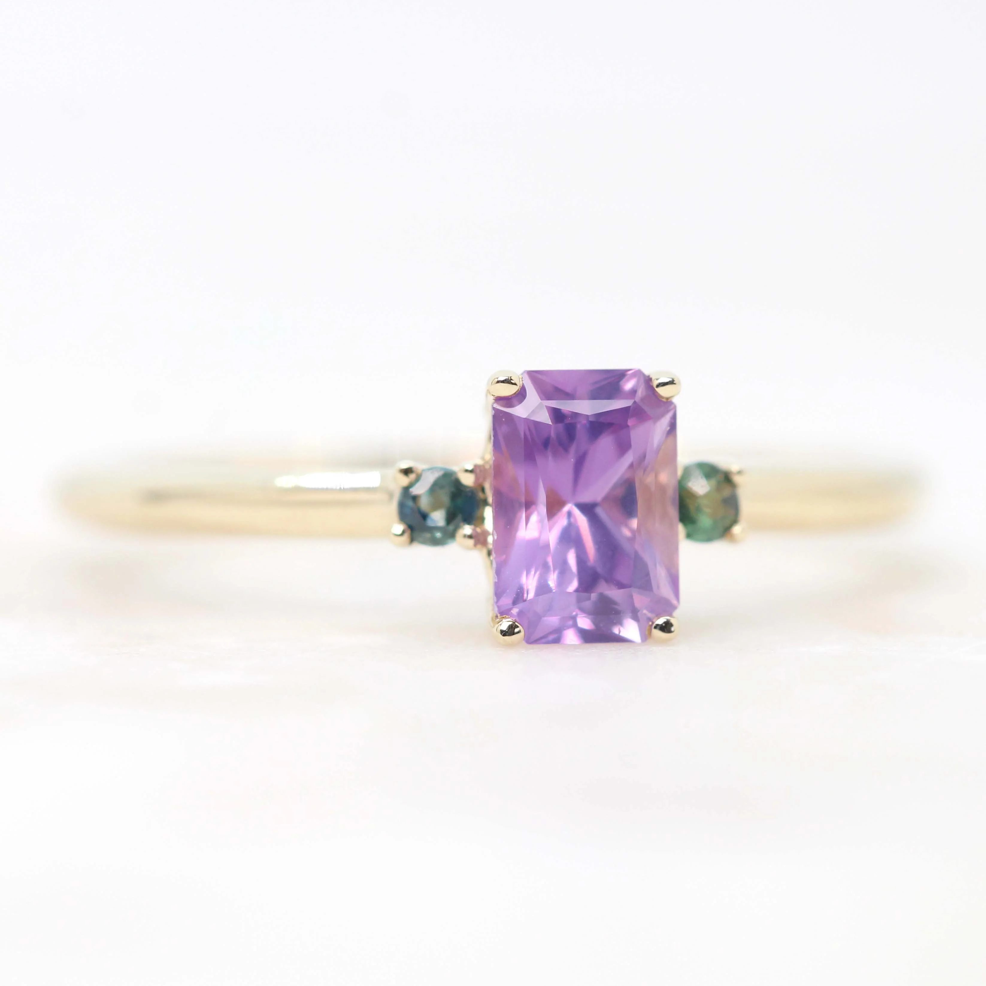 Terra Ring with a 0.81 Carat Radiant Cut Purple Sapphire and Teal Sapphire Accents in 14k Yellow Gold - Ready to Size and Ship - Image 4