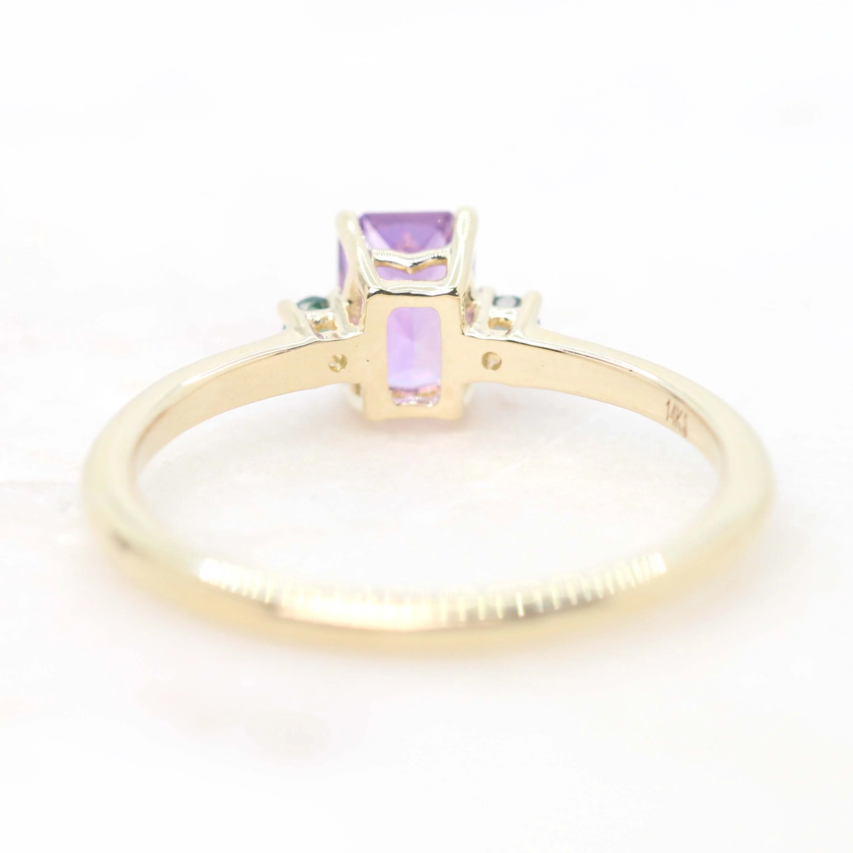 Terra Ring with a 0.81 Carat Radiant Cut Purple Sapphire and Teal Sapphire Accents in 14k Yellow Gold - Ready to Size and Ship - Image 6