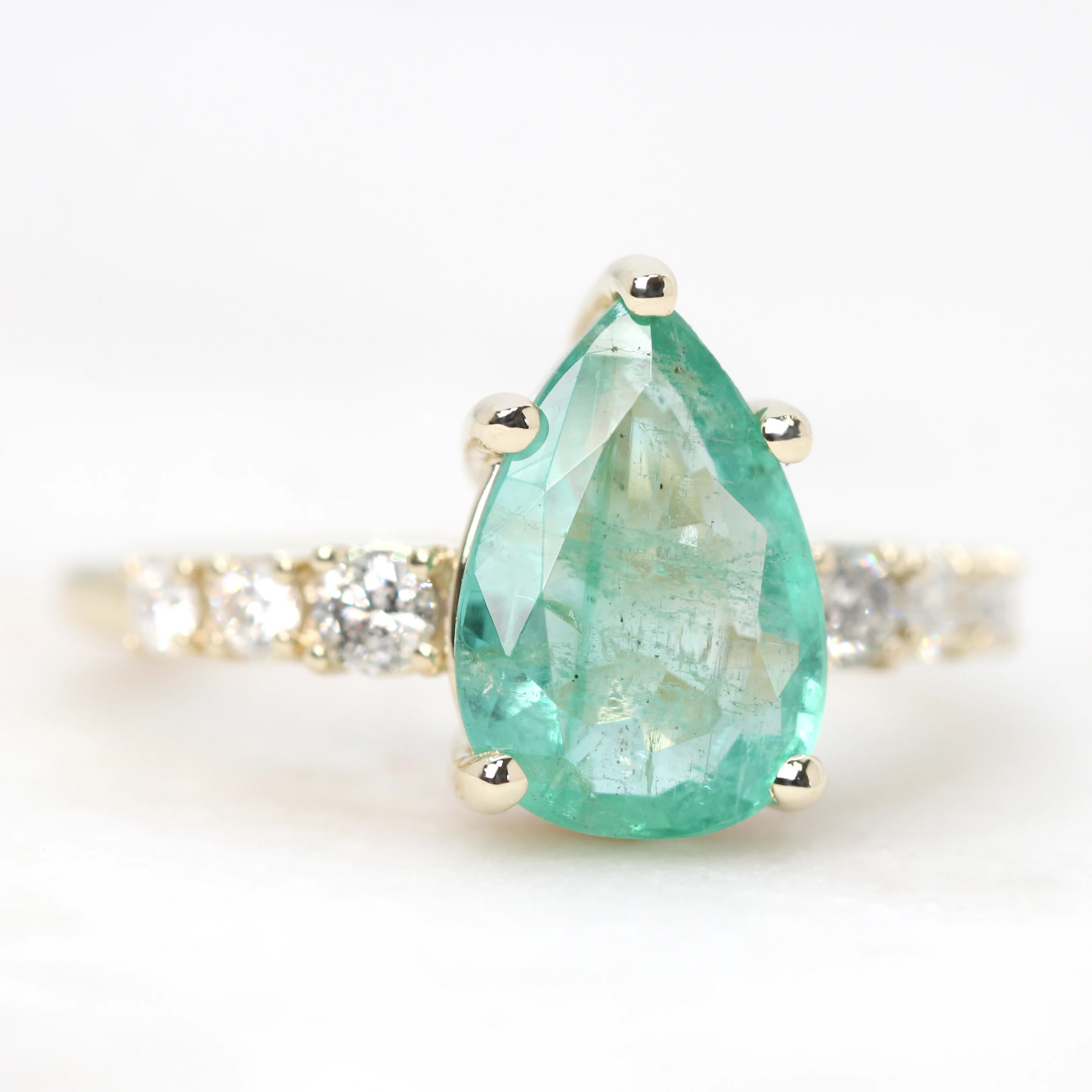 Tina Ring with a 2.50 Carat Pear Shaped Emerald and Gray & White Accent Diamonds in 14k Yellow Gold - Ready to Size and Ship - Image 3
