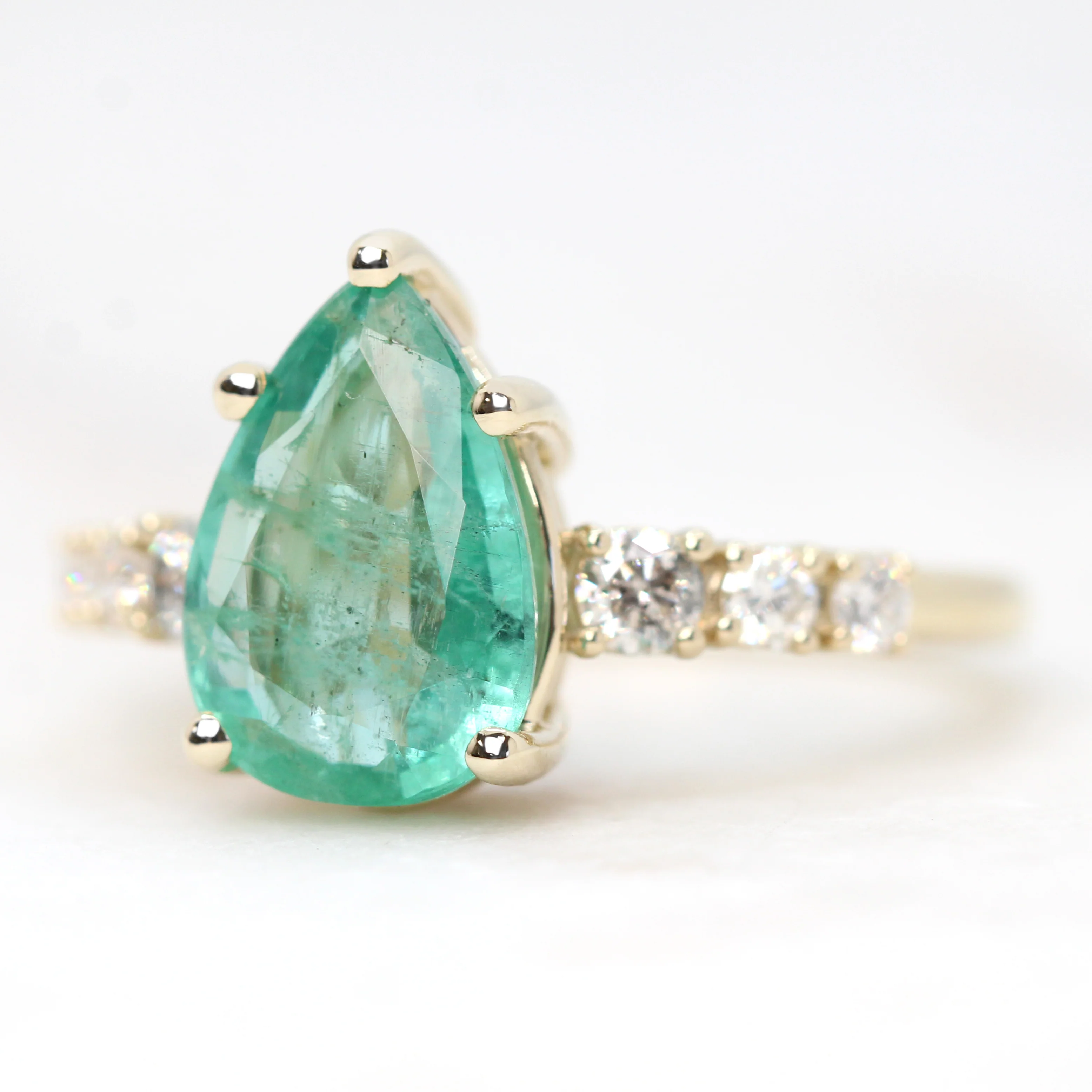 Tina Ring with a 2.50 Carat Pear Shaped Emerald and Gray & White Accent Diamonds in 14k Yellow Gold - Ready to Size and Ship - Image 4