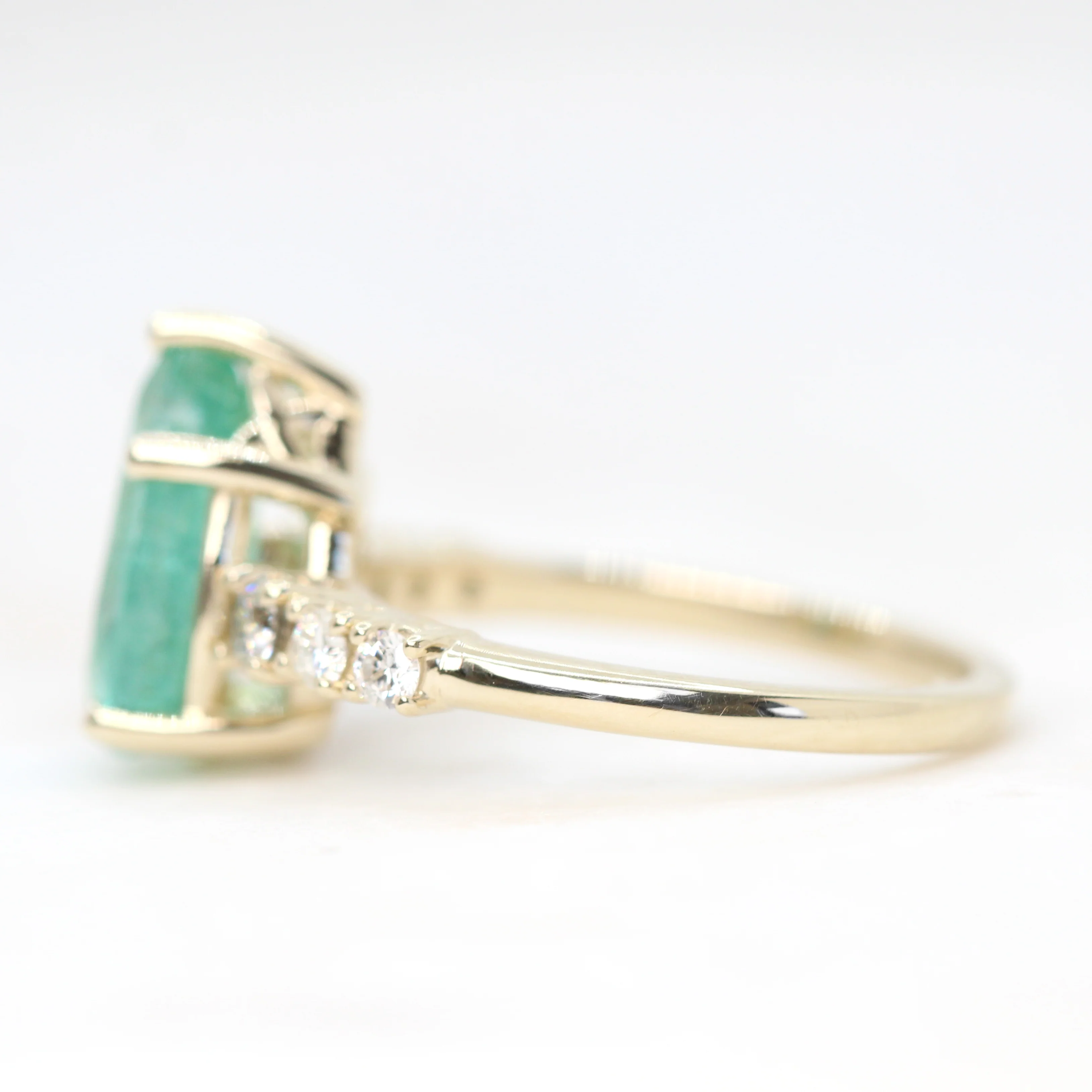Tina Ring with a 2.50 Carat Pear Shaped Emerald and Gray & White Accent Diamonds in 14k Yellow Gold - Ready to Size and Ship - Image 5