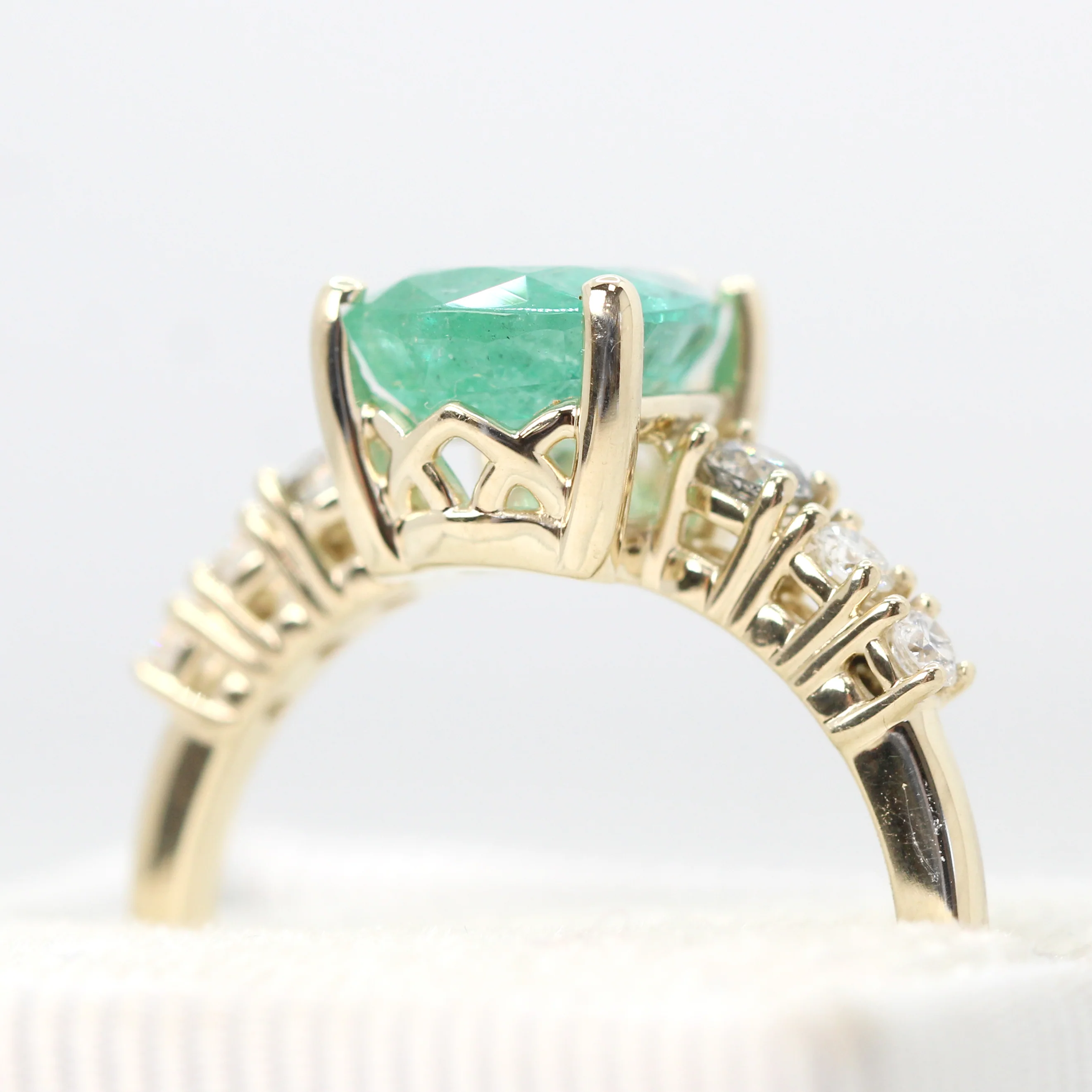 Tina Ring with a 2.50 Carat Pear Shaped Emerald and Gray & White Accent Diamonds in 14k Yellow Gold - Ready to Size and Ship - Image 7