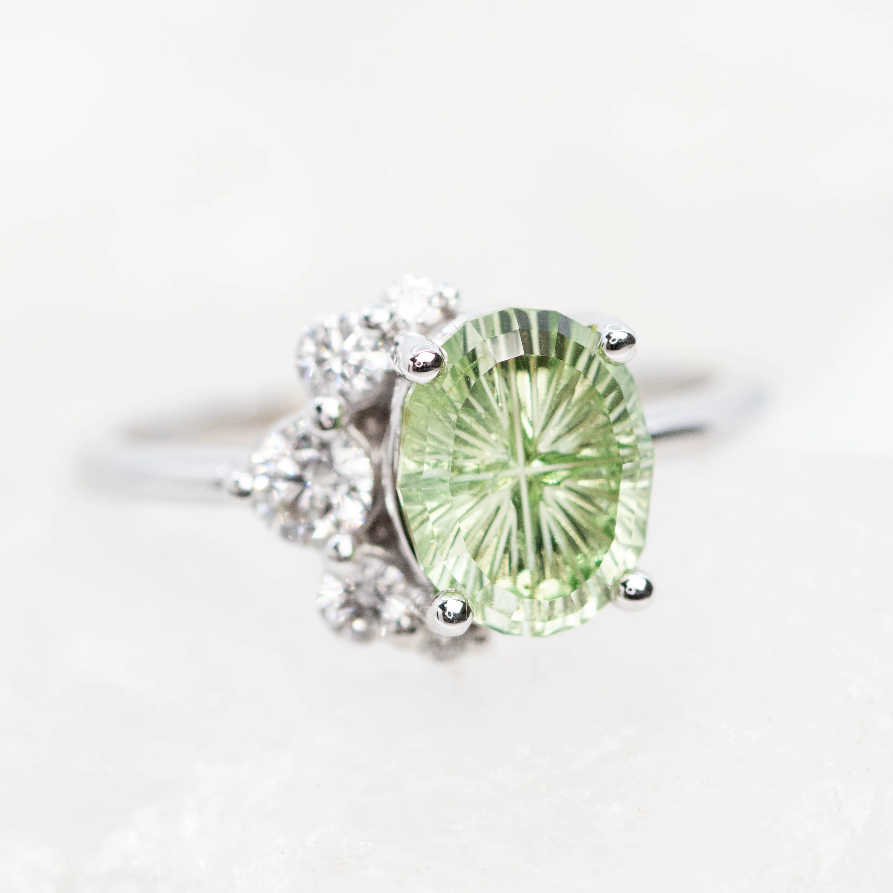 Carell Ring with a 2.72 Carat Fantasy Cut Oval Mint Green Montana Sapphire and White Canadian Accent Diamonds in 14k White Gold - Ready to Size and Ship - Image 8