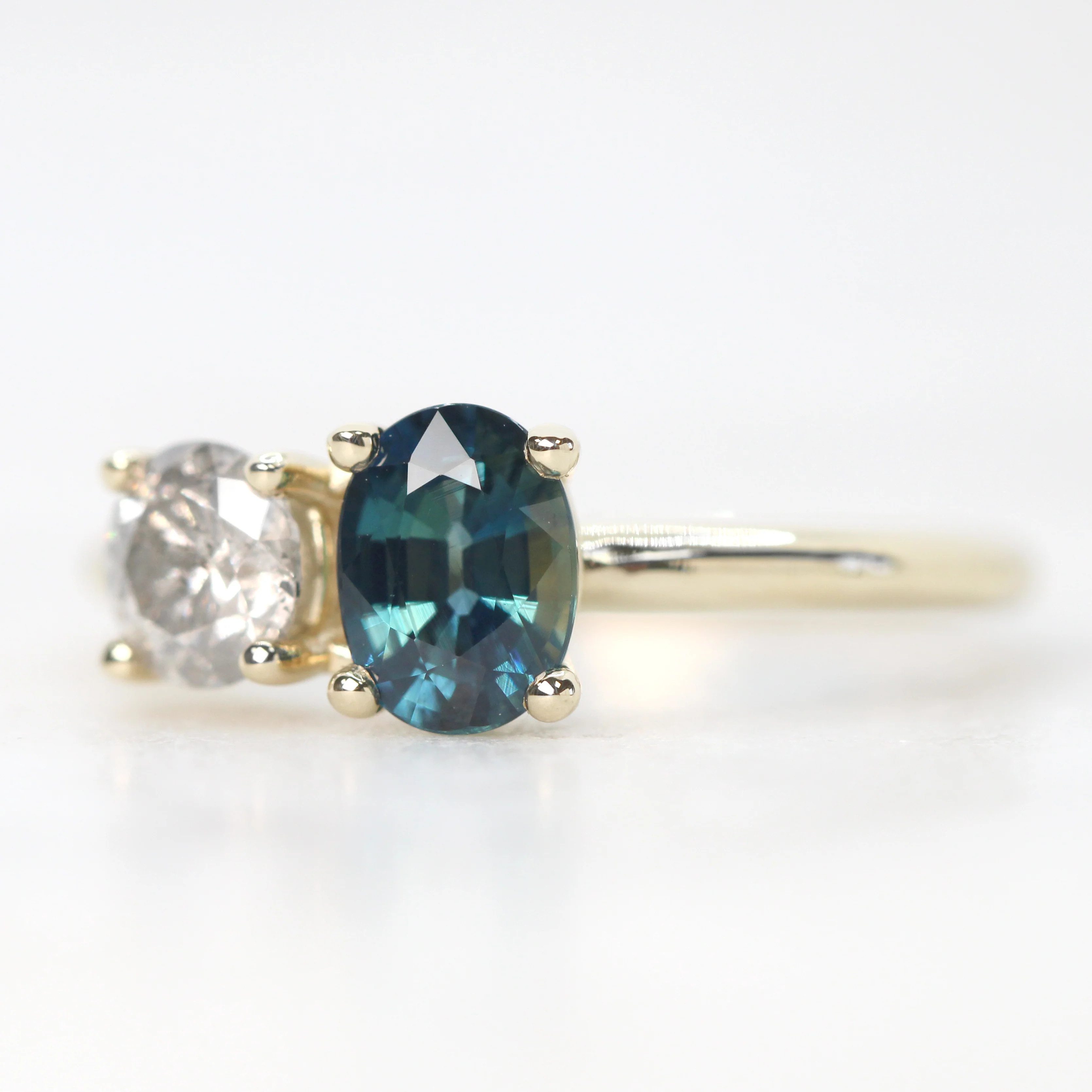 Toi et Moi Ring with a 0.58 Carat Round Gray Salt and Pepper Diamond and a 1.11 Carat Teal Blue Oval Sapphire in 14k Yellow Gold - Ready to Size and Ship - Image 3