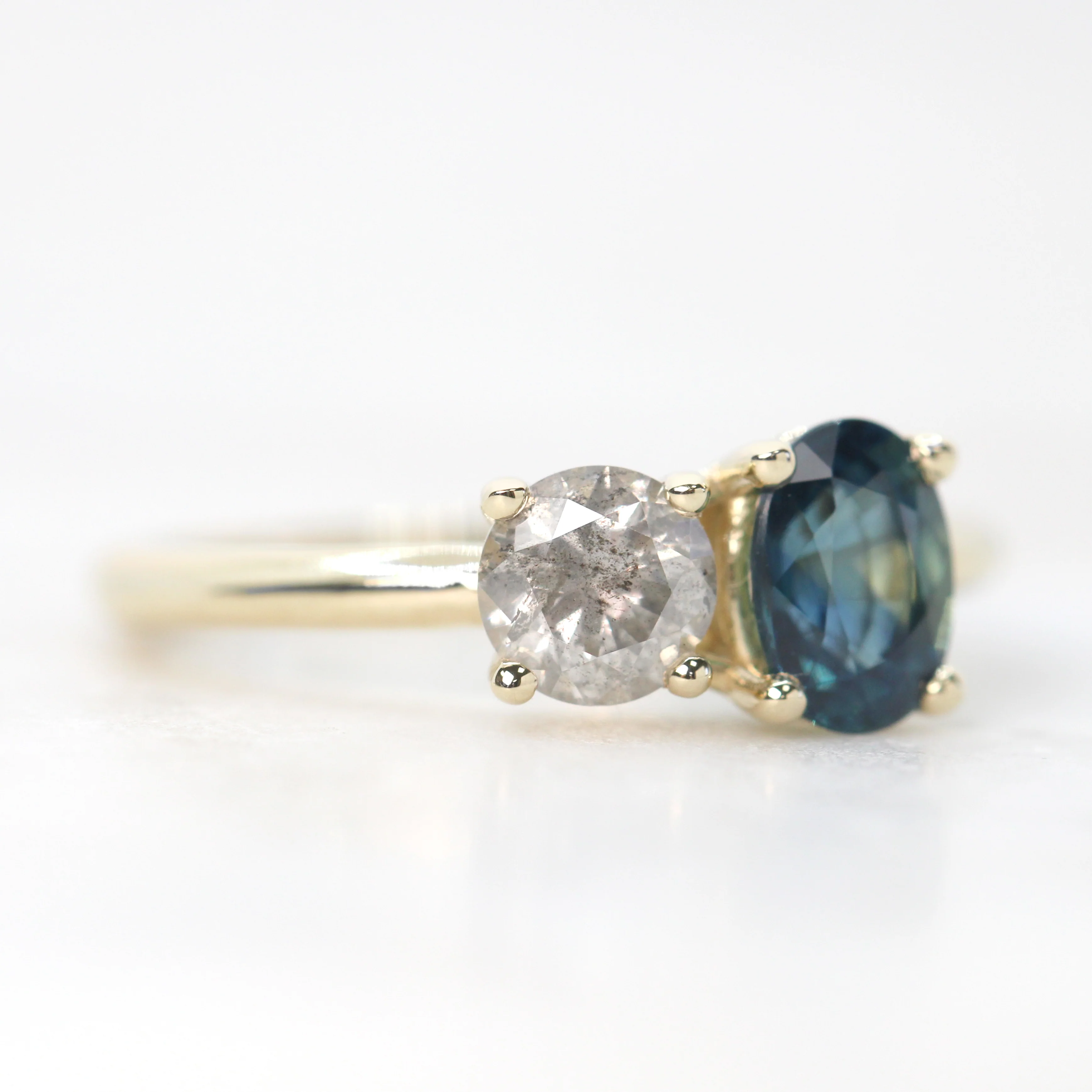 Toi et Moi Ring with a 0.58 Carat Round Gray Salt and Pepper Diamond and a 1.11 Carat Teal Blue Oval Sapphire in 14k Yellow Gold - Ready to Size and Ship - Image 4