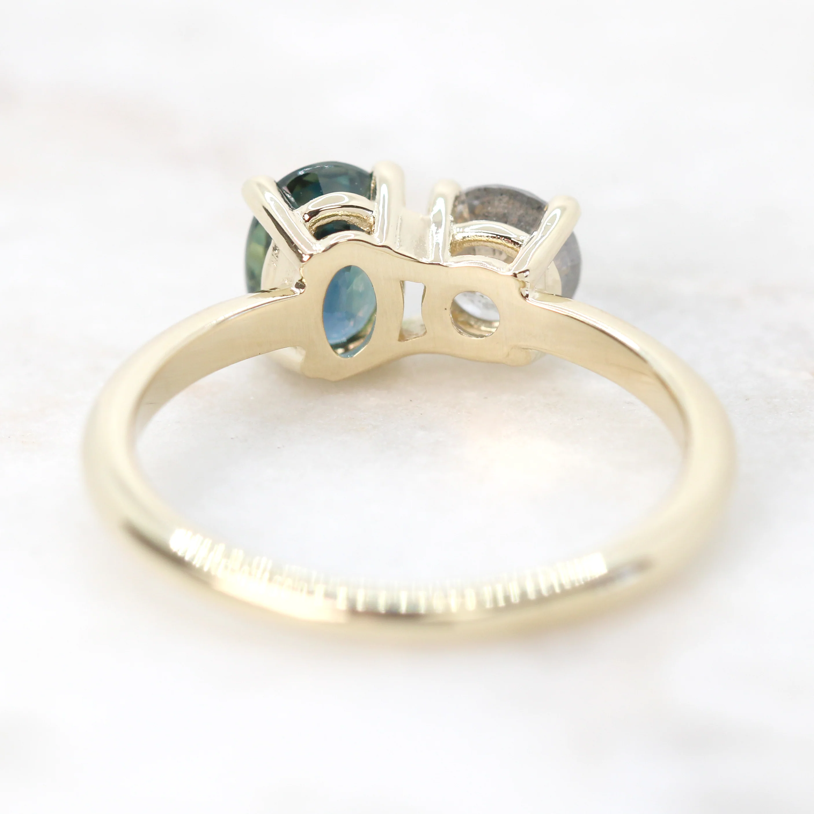 Toi et Moi Ring with a 0.58 Carat Round Gray Salt and Pepper Diamond and a 1.11 Carat Teal Blue Oval Sapphire in 14k Yellow Gold - Ready to Size and Ship - Image 6