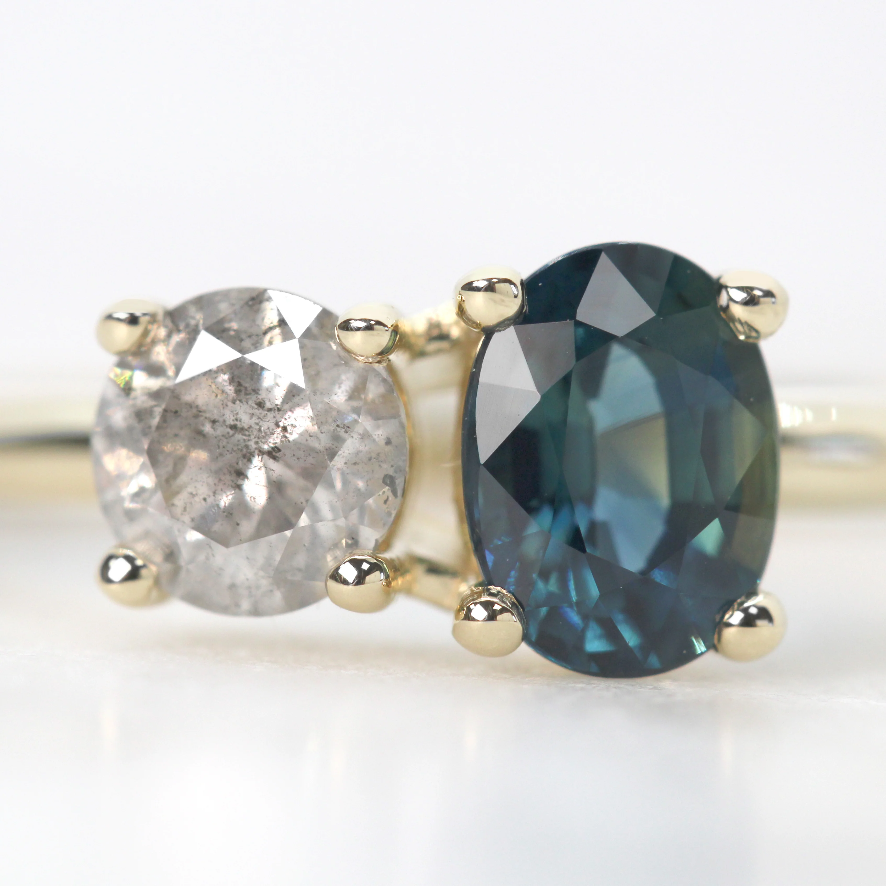 Toi et Moi Ring with a 0.58 Carat Round Gray Salt and Pepper Diamond and a 1.11 Carat Teal Blue Oval Sapphire in 14k Yellow Gold - Ready to Size and Ship - Image 7