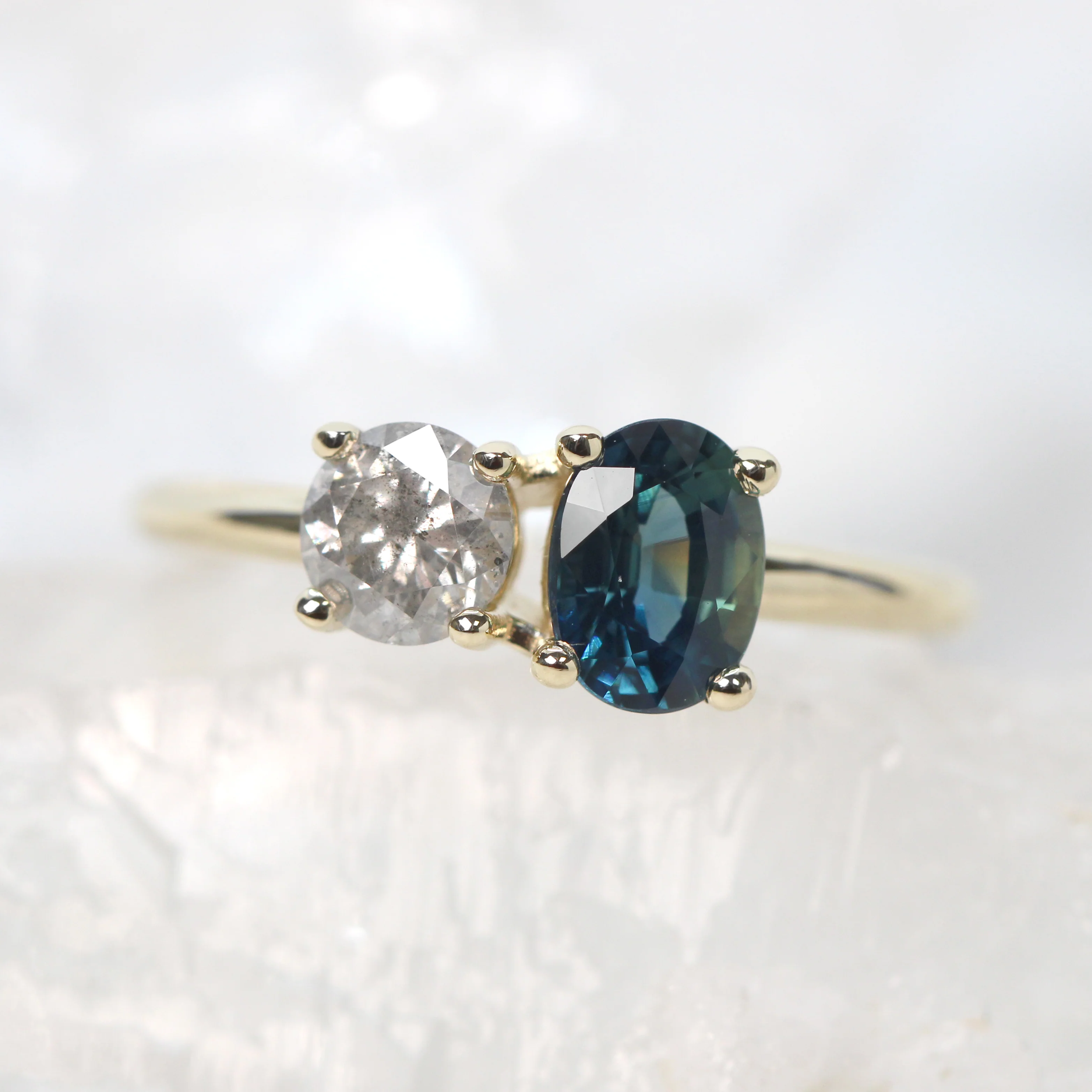 Toi et Moi Ring with a 0.58 Carat Round Gray Salt and Pepper Diamond and a 1.11 Carat Teal Blue Oval Sapphire in 14k Yellow Gold - Ready to Size and Ship - Image 8