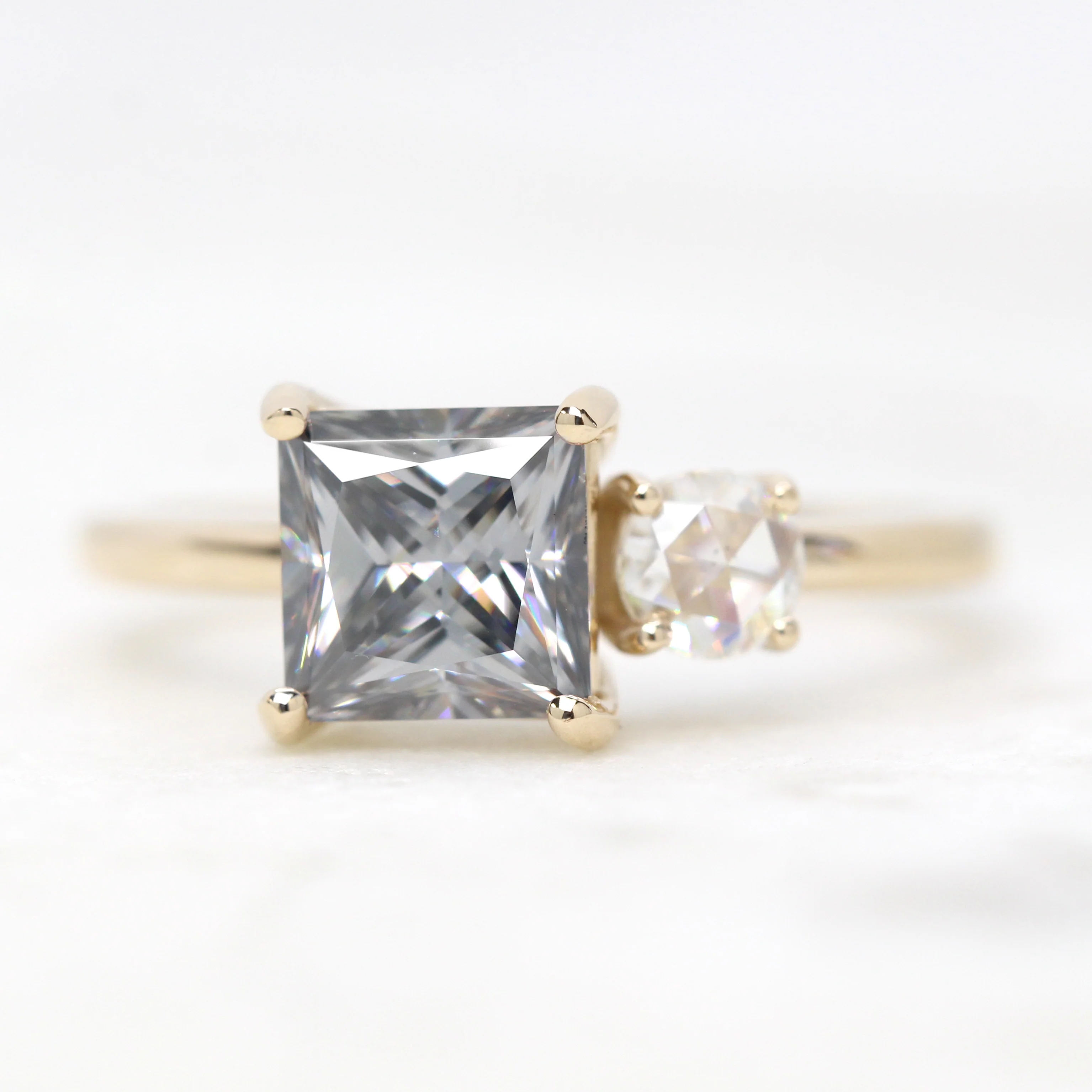 Toi et Moi Ring with a Princess Cut Gray Moissanite and a Round Clear Moissanite - Made to Order - Image 10