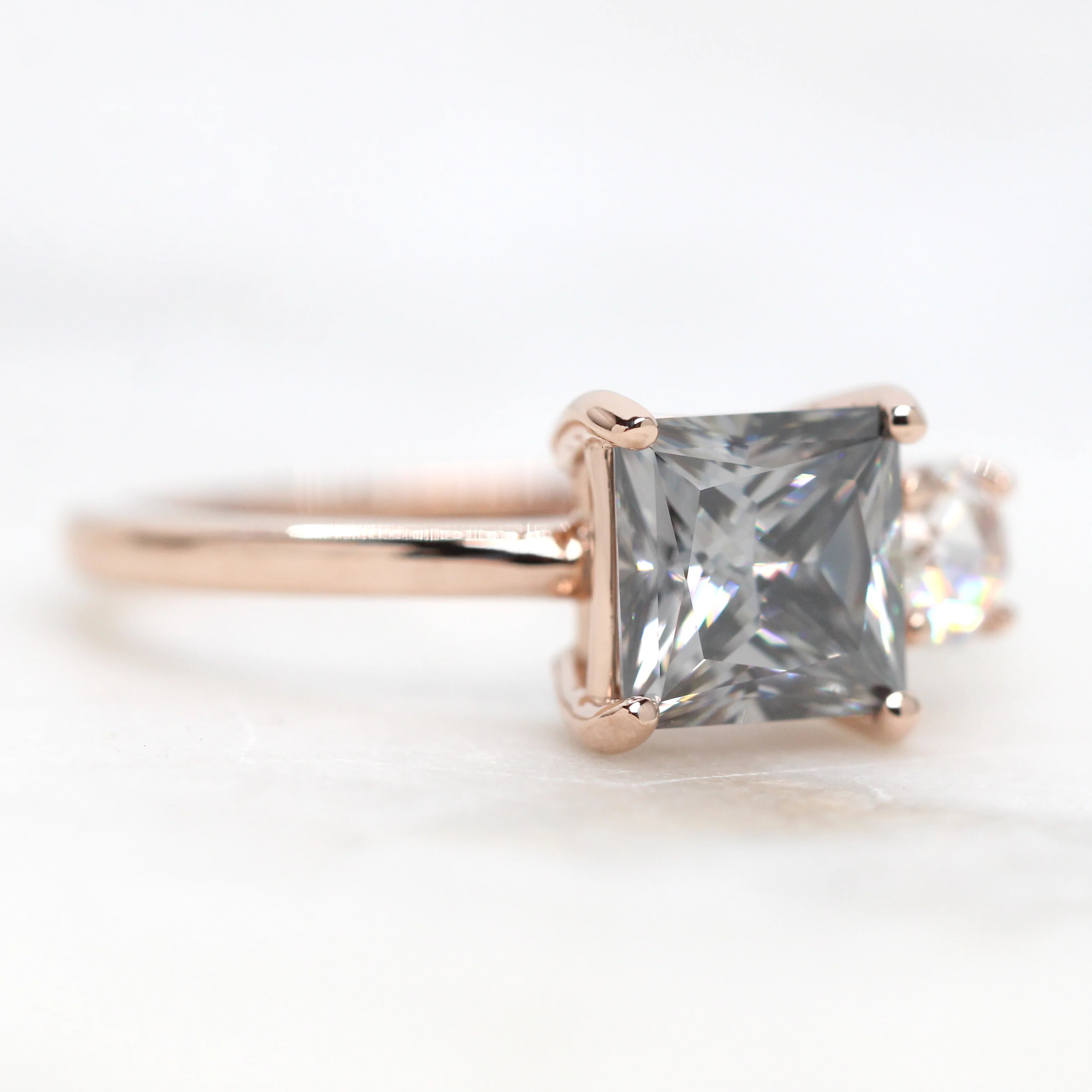 Toi et Moi Ring with a Princess Cut Gray Moissanite and a Round Clear Moissanite - Made to Order - Image 3