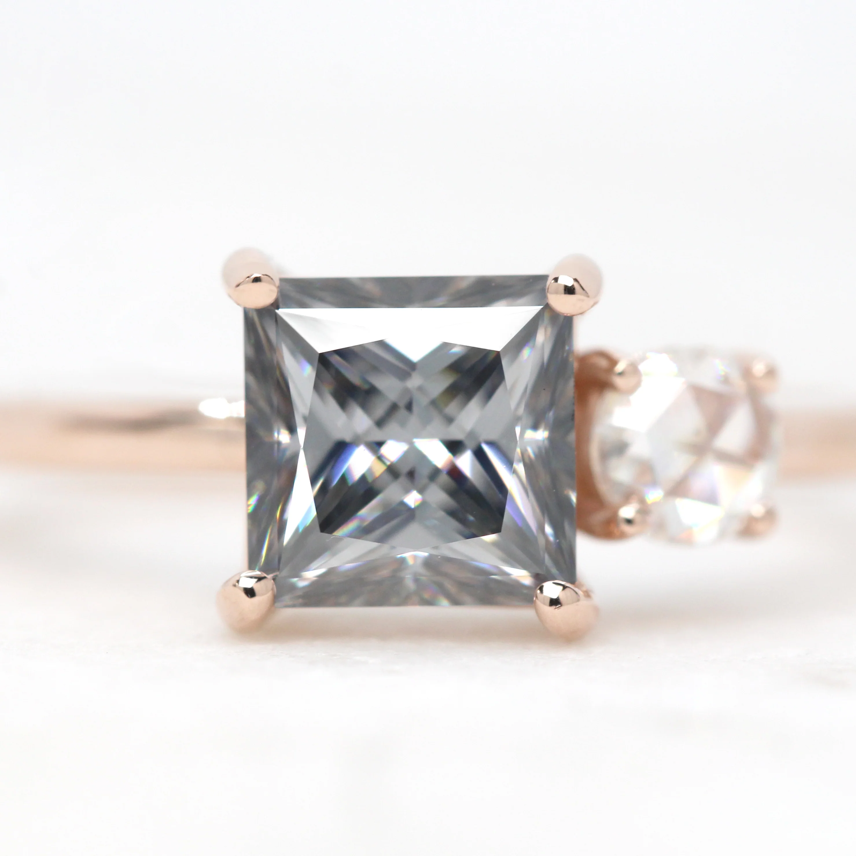 Toi et Moi Ring with a Princess Cut Gray Moissanite and a Round Clear Moissanite - Made to Order - Image 4
