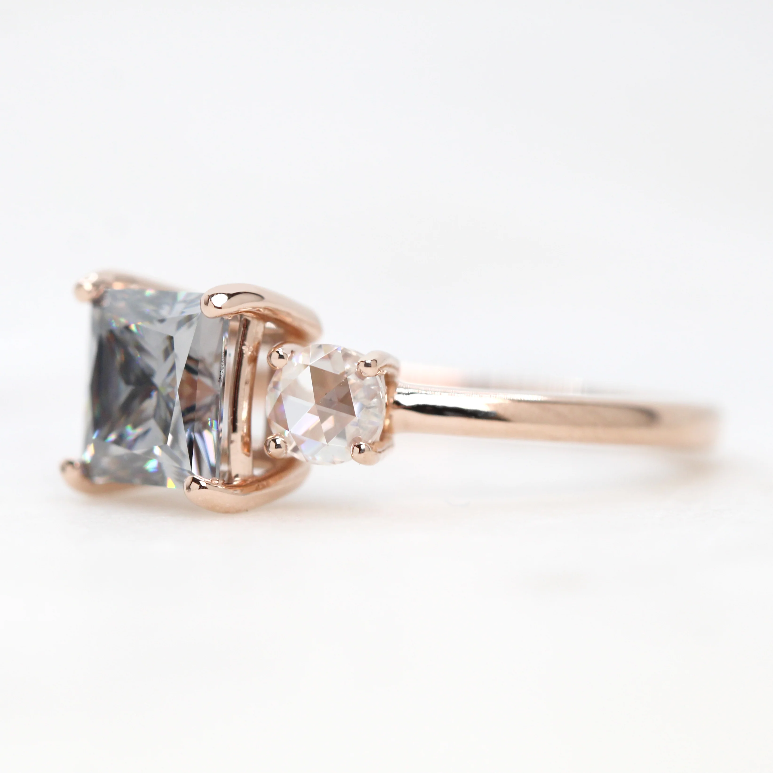 Toi et Moi Ring with a Princess Cut Gray Moissanite and a Round Clear Moissanite - Made to Order - Image 5