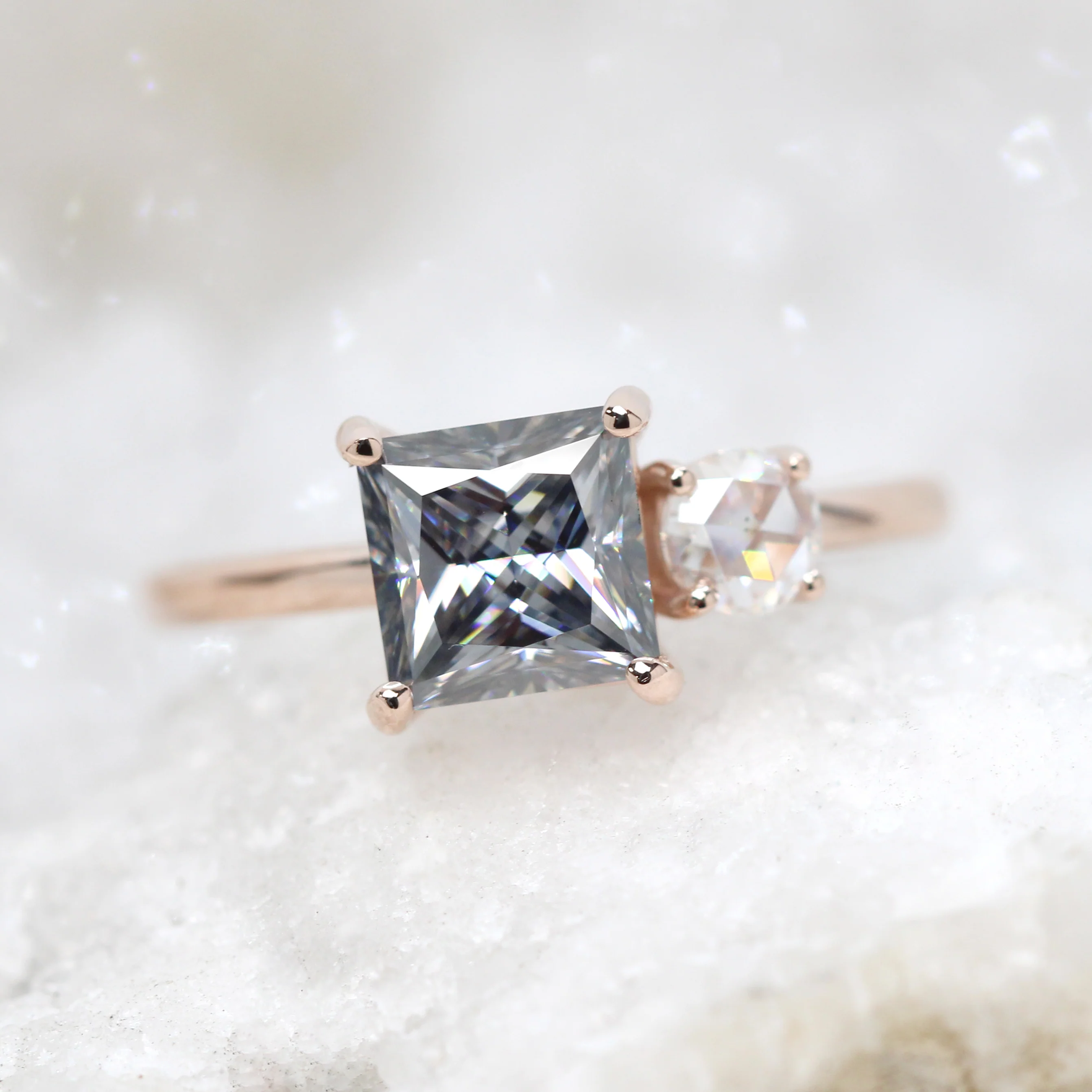Toi et Moi Ring with a Princess Cut Gray Moissanite and a Round Clear Moissanite - Made to Order - Image 9
