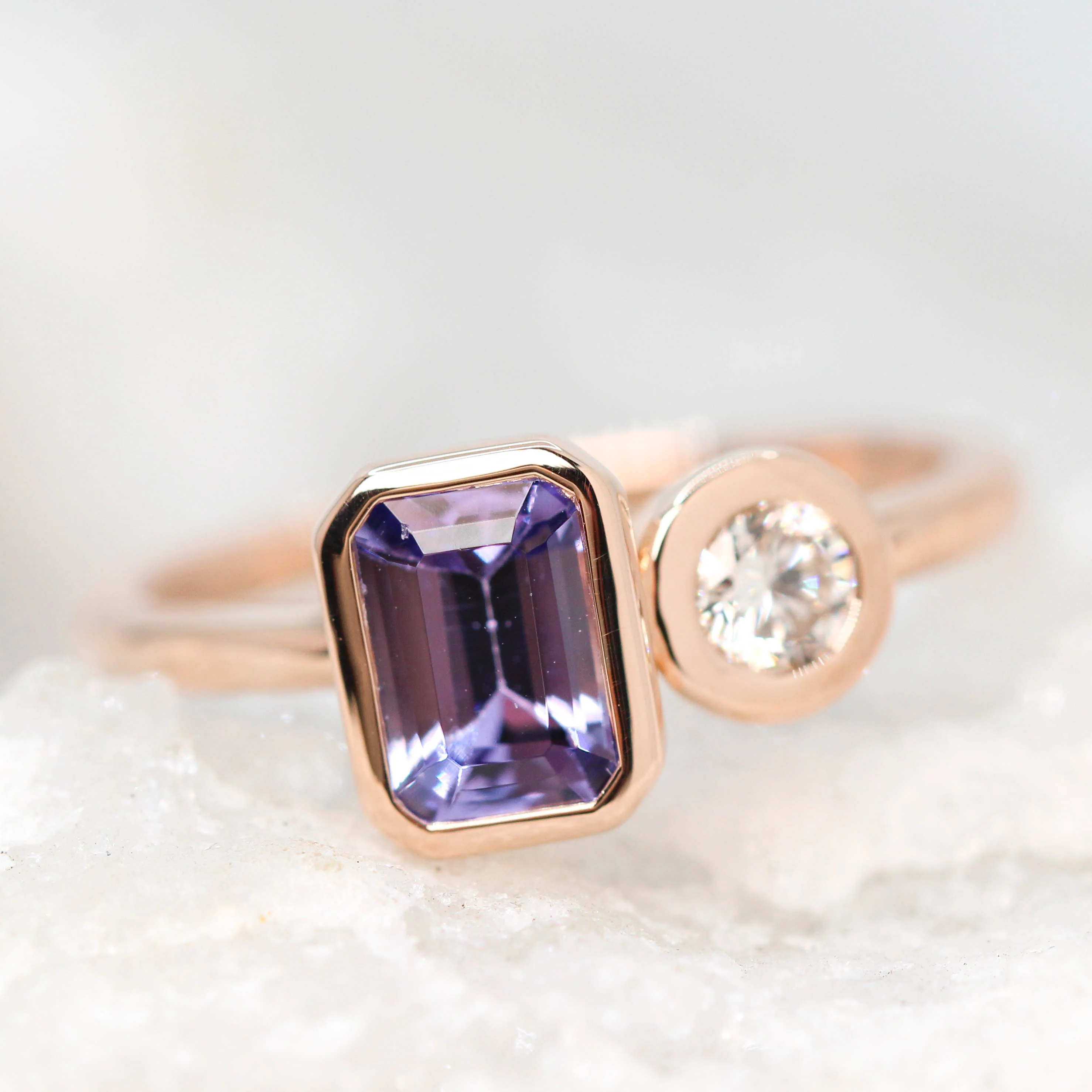 Toi et Moi Ring with an Emerald Cut Tanzanite & White Round Diamond - Made to Order - Image 8