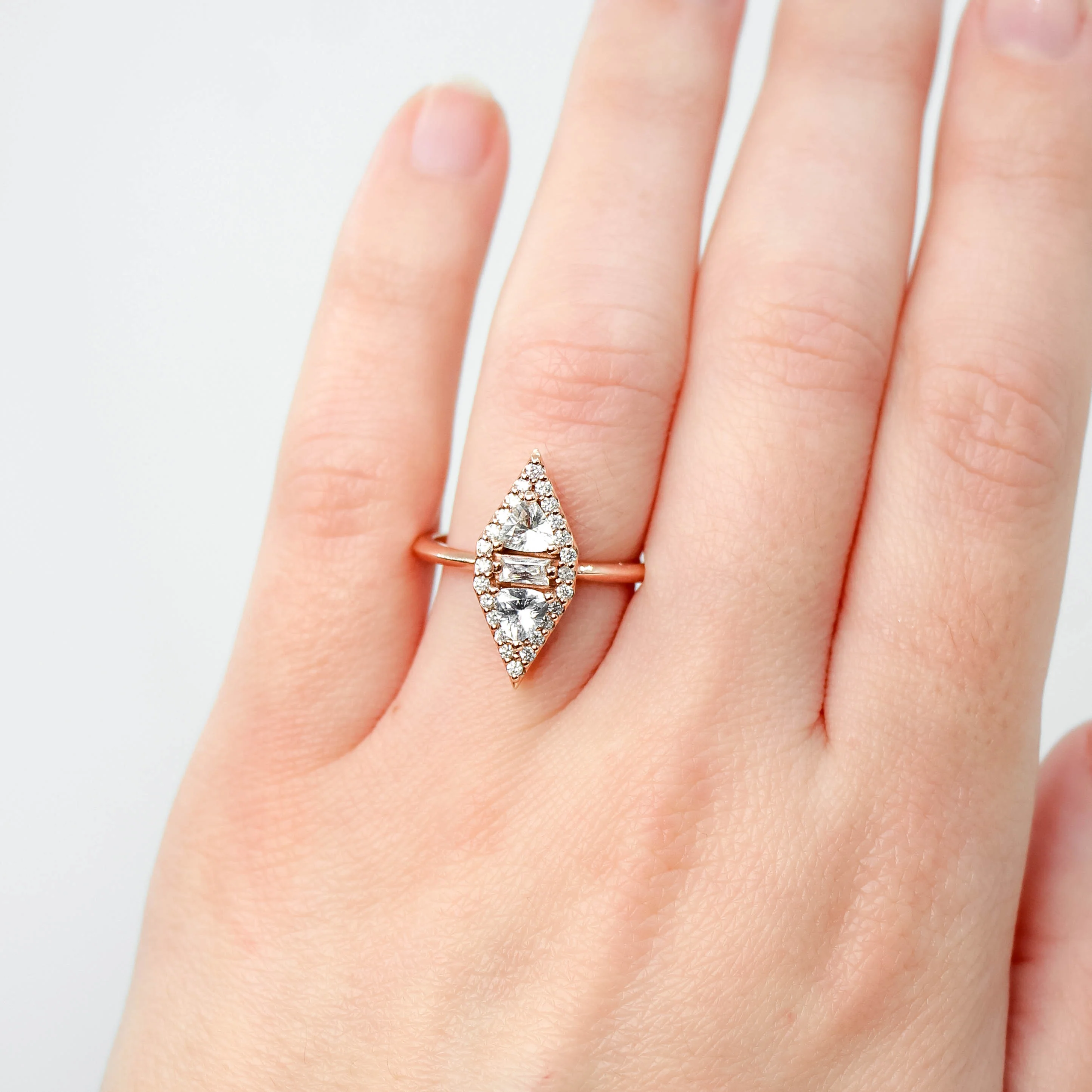 Valentina Ring with White Sapphires and Moissanite and Diamond Accents in 10k Rose Gold - Ready to Size and Ship - Image 2