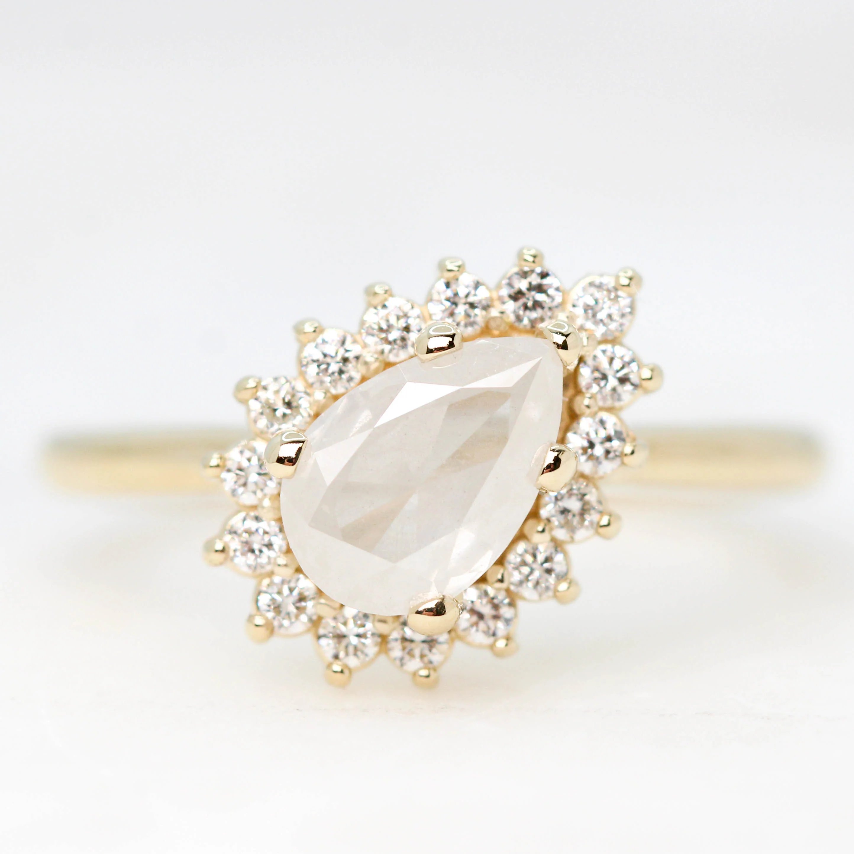 Velma Ring with a 1.30 Carat Misty White Pear Diamond and White Diamond Accents in 14k Yellow Gold - Ready to Size and Ship