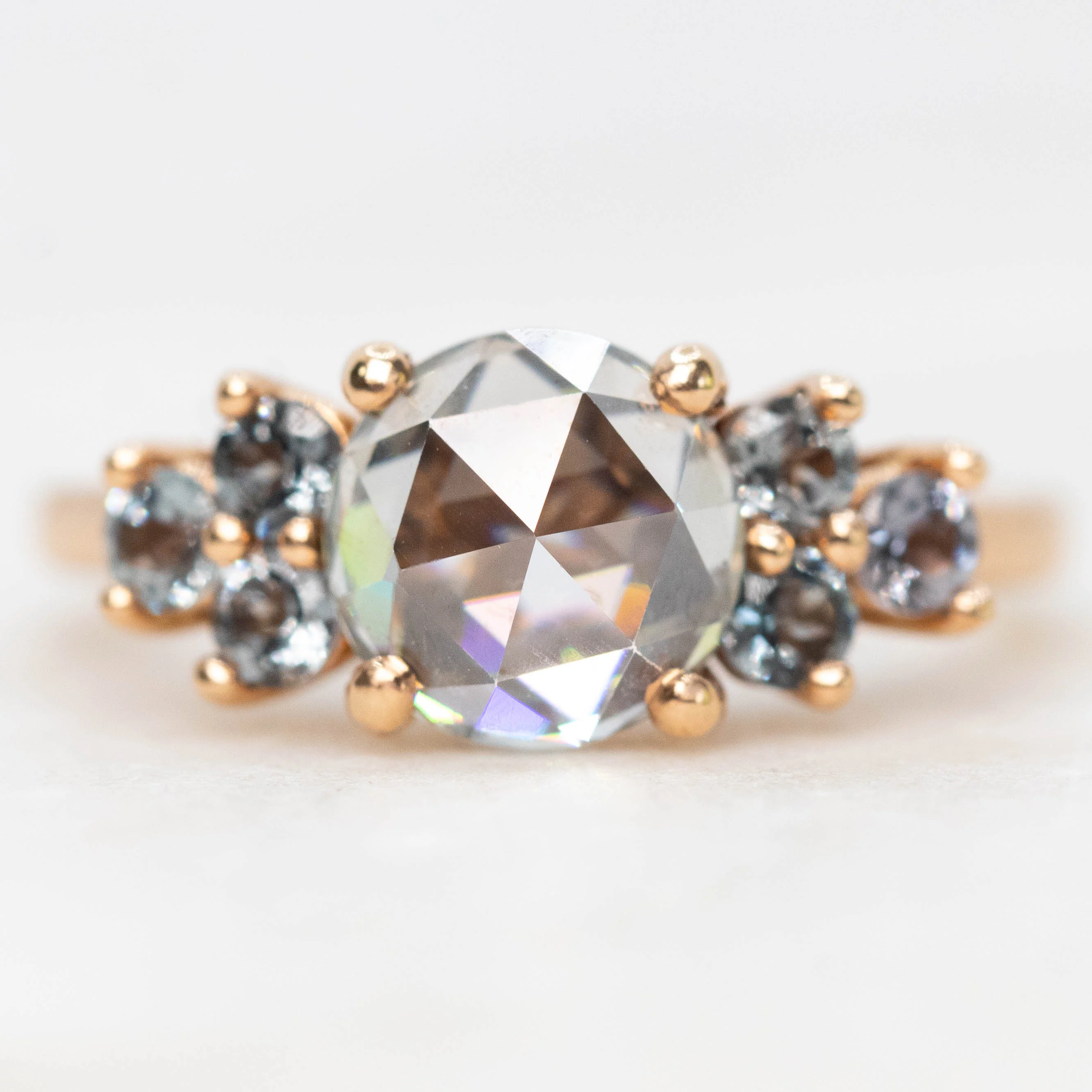 Veragene Ring with a 1.40 Carat Round Moissanite and Spinel Accents in 14k Rose Gold - Ready to Size and Ship
