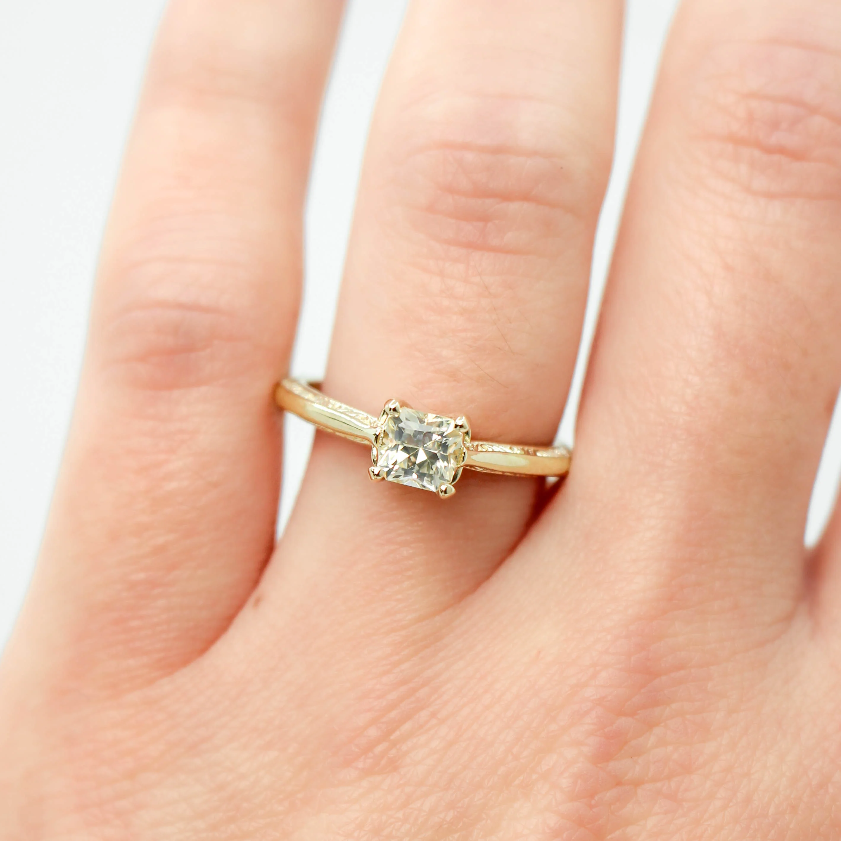 Vivienne Ring with a 0.77 Carat Radiant Cut Clear Champagne Sapphire in 14k Yellow Gold - Ready to Size and Ship - Image 10