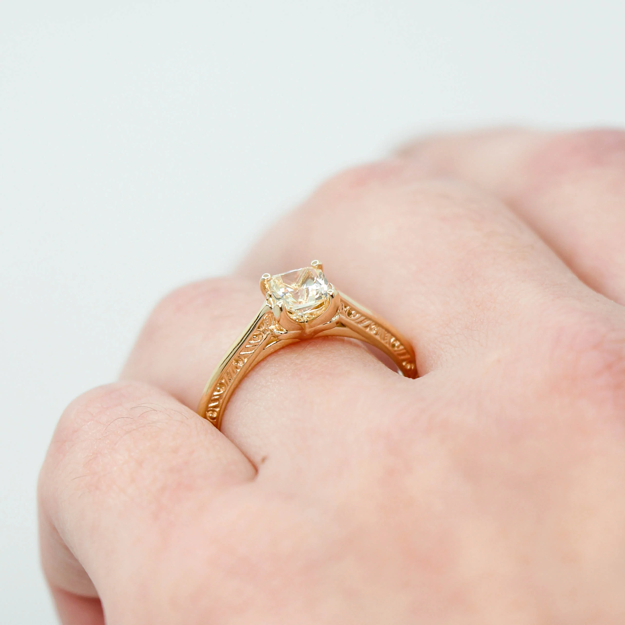Vivienne Ring with a 0.77 Carat Radiant Cut Clear Champagne Sapphire in 14k Yellow Gold - Ready to Size and Ship - Image 11