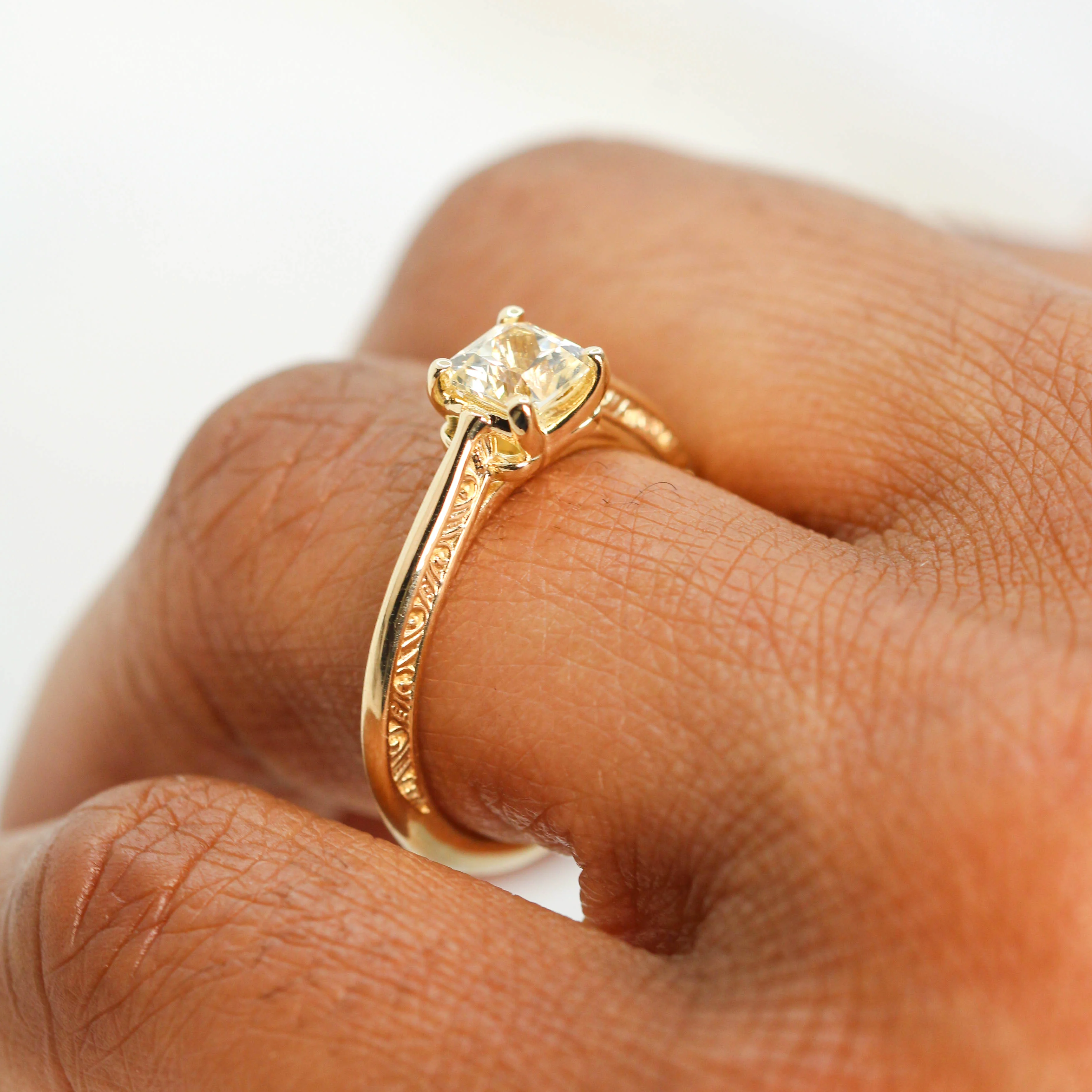 Vivienne Ring with a 0.77 Carat Radiant Cut Clear Champagne Sapphire in 14k Yellow Gold - Ready to Size and Ship - Image 9